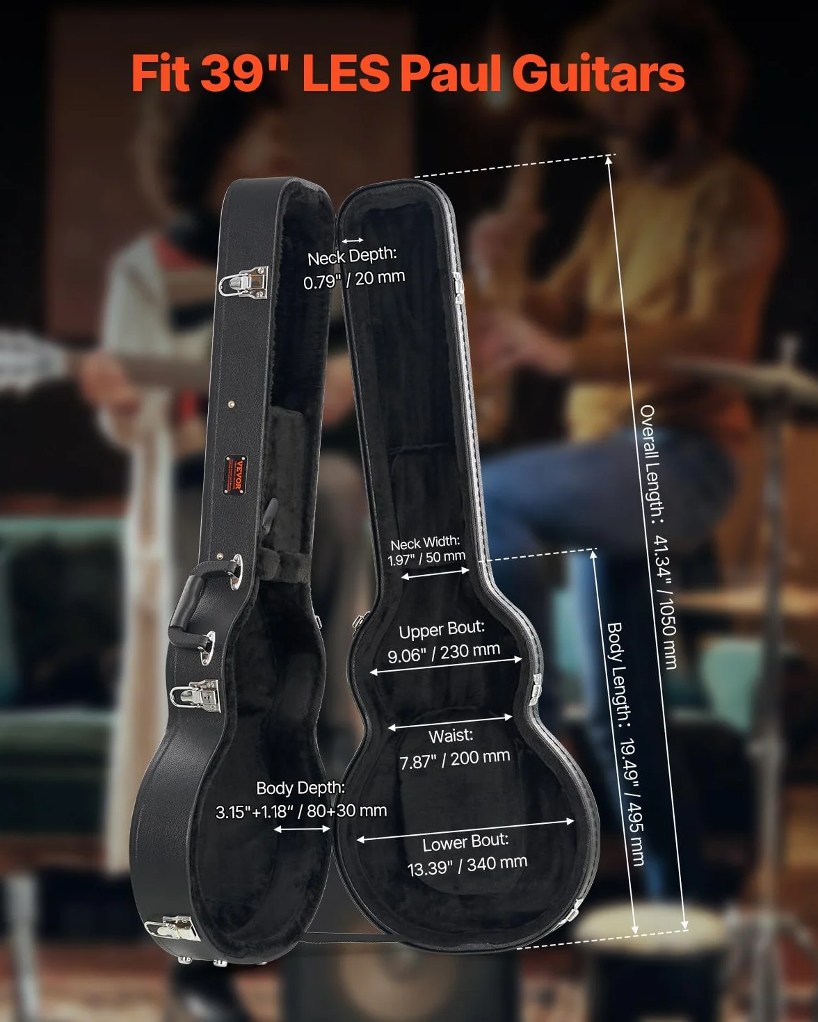 VEVOR Twardy futerał na gitarę elektryczną 1050 mm z zamkiem na klucz, uchwyt, wypełnienie PCW, miękka podszewka, wodoodporne do gitar elektrycznych 39 cali, 99 cm, czarne