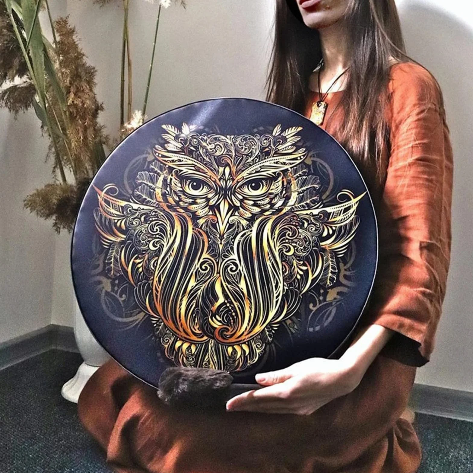 Bęben Szamański, Instrumentalna Alchemia Szamańska Bębny Księżycowe Poliester Imitacja Skóry Owczej Vintage Okrągły Instrument Uzdrowiciel Dźwięku Narzędzie do Duchowej (25cm