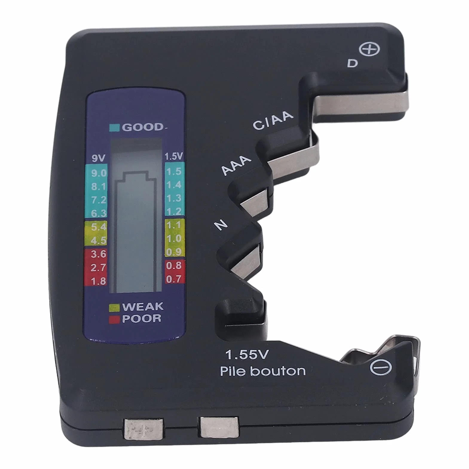 Cyfrowy Tester Baterii Cyfrowy LCD Uniwersalny Sprawdzacz Baterii Materiał ABS Światło Wskazujące na baterię 1,5 V 9 V AA AAA 9 V Baterie 6F22 1.55 V Baterie Guzikowe (Czarny)