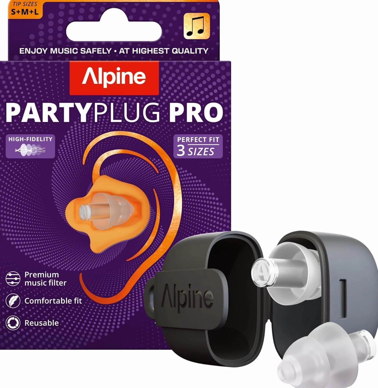 Alpine PartyPlug Pro zatyczki do uszu na koncerty, nowe i ulepszone, profesjonalne zatyczki do uszu, redukcja szumów 21 dB, ochrona słuchu na festiwale muzyczne, rave i wydarzenia, 3 rozmiary końcówek