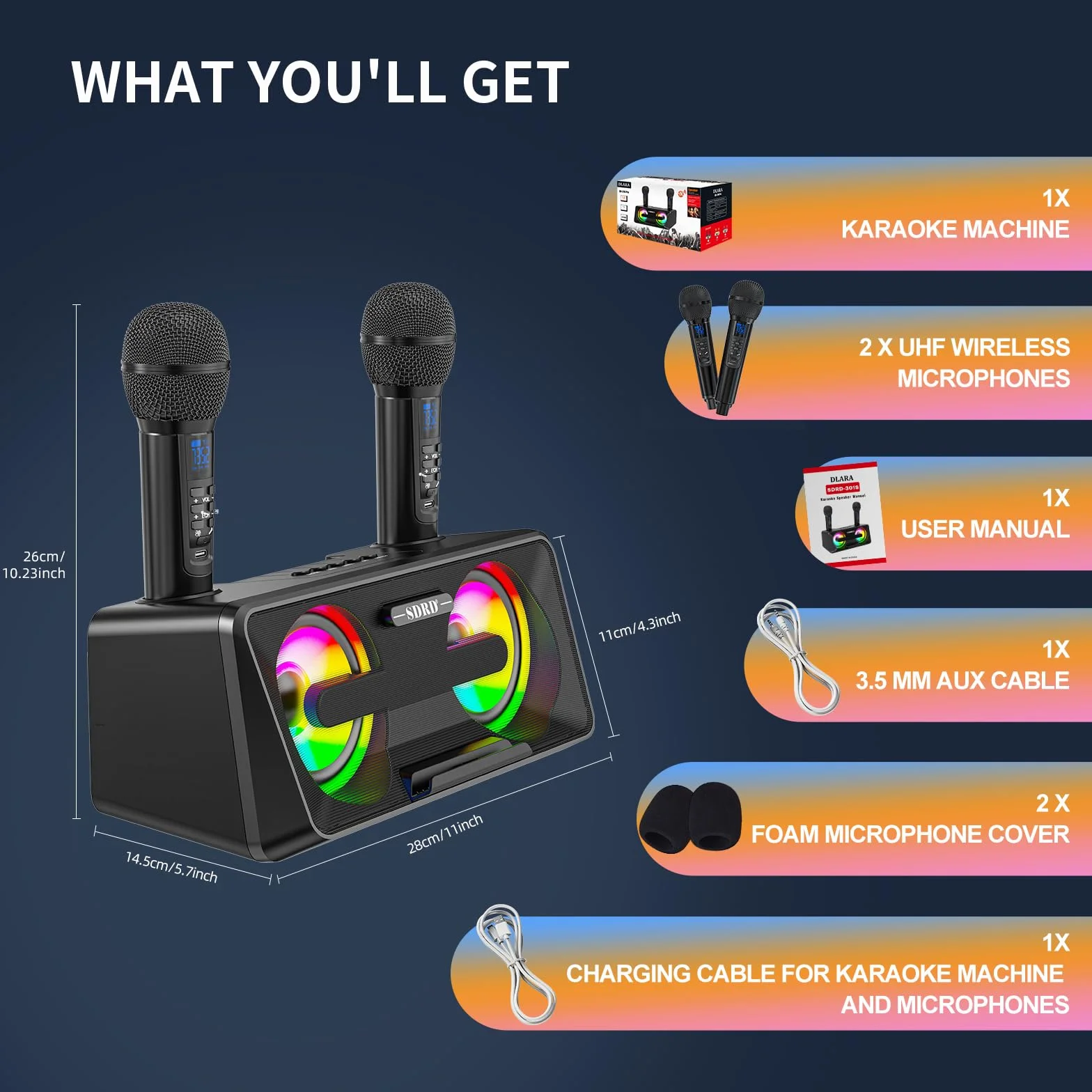 Maszyna do karaoke dla dorosłych i dzieci, 2 mikrofony UHF, głośniki Bluetooth, system PA z lampami, uchwyt na telefon, idealna na imprezę, piknik,