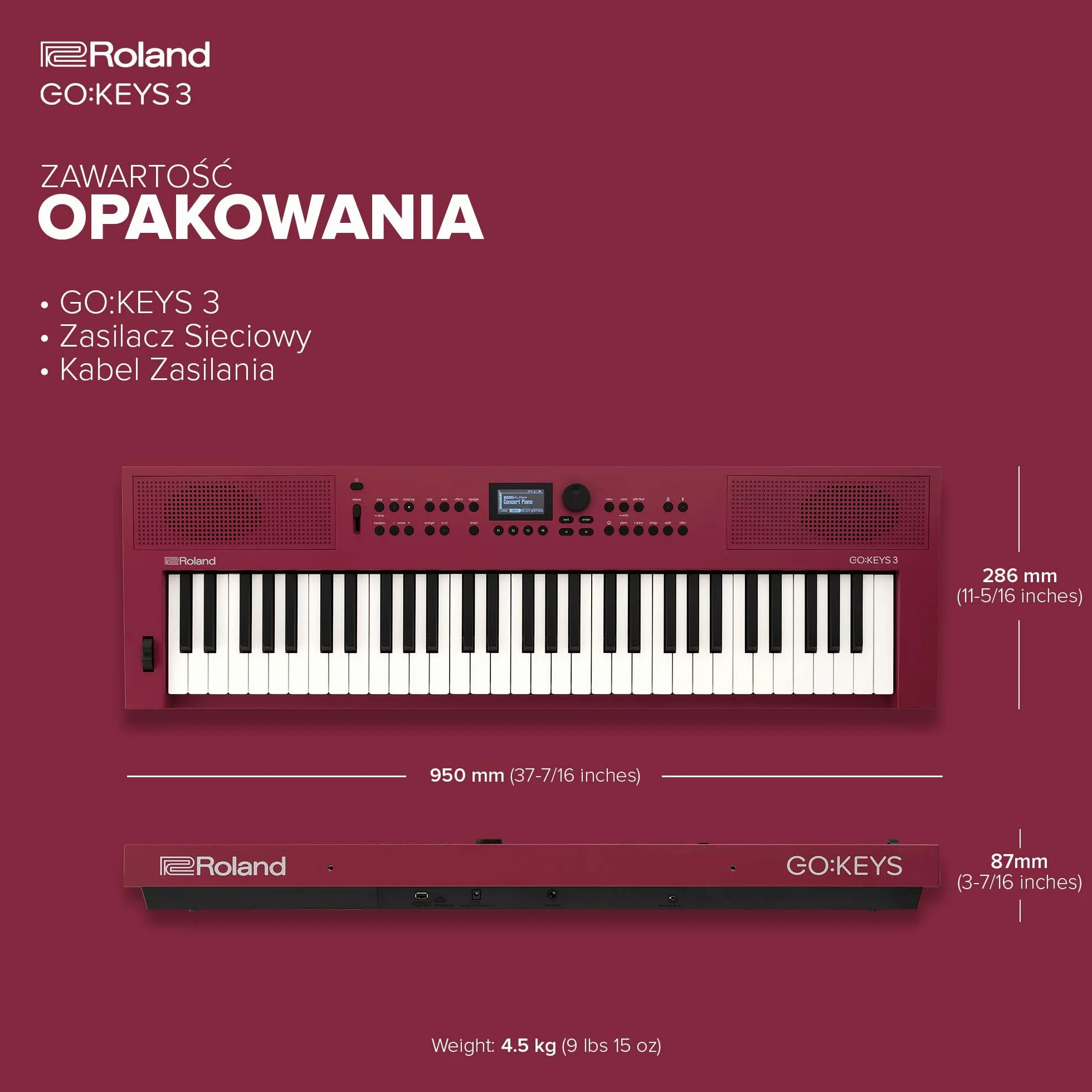 Roland GO:KEYS 3 Keyboard do Tworzenia Muzyki, 61-Klawiszowa Klawiatura, Silnik ZEN-Core z ponad 1000 Wbudowanymi Dźwiękami, Wbudowane Głośniki Stereo - Ciemnoczerwony