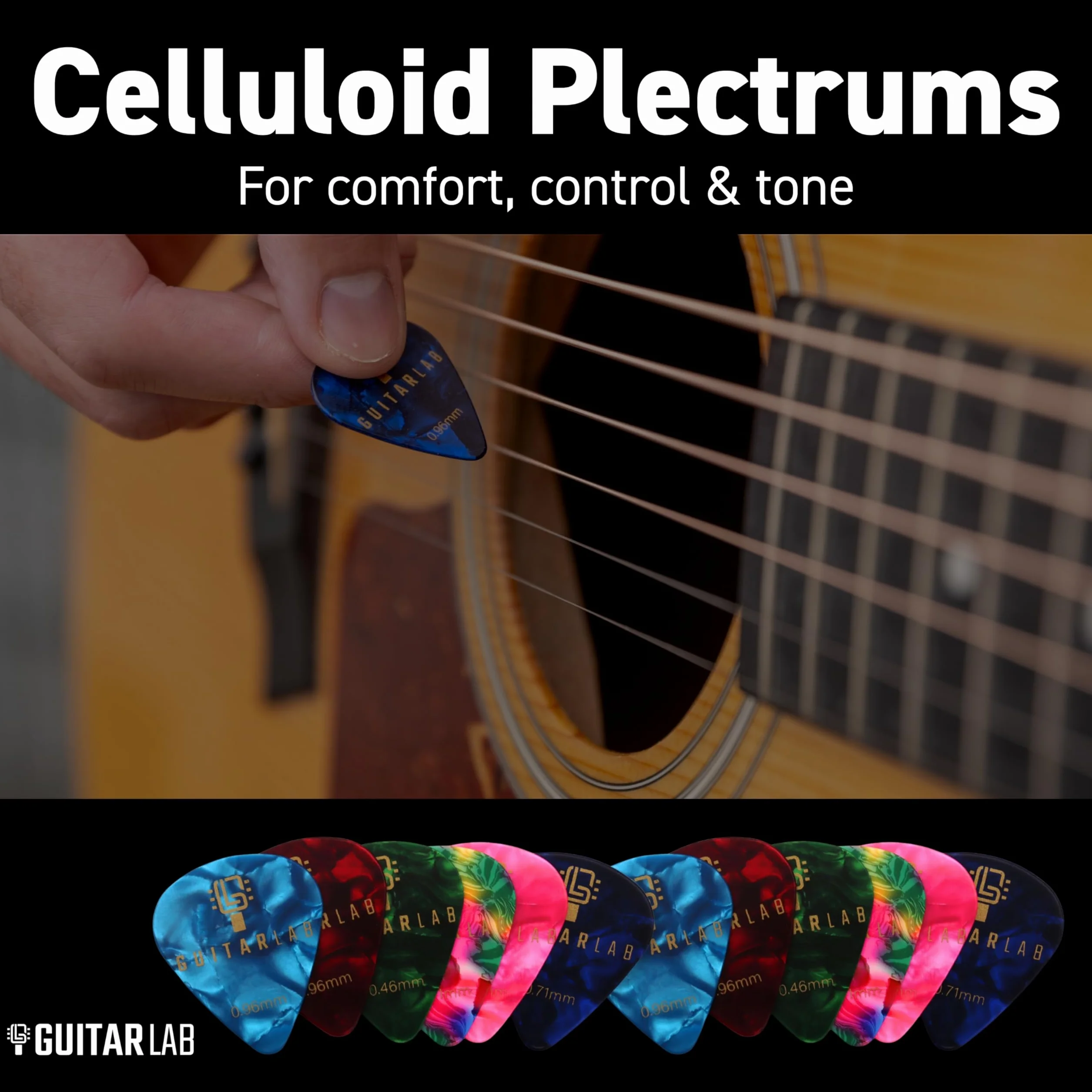 Puszka na kostki do gitary, prezent, od Guitar Lab, akcesoria do gitary, plektron celuloidowy do gitary elektrycznej, akustycznej, basowej lub ukulele, 18 szt. 0,46 mm, 0,71 mm i 0,96 mm