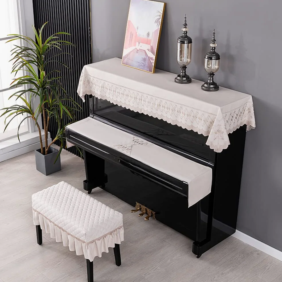 Pionowy pokrowiec na klawiaturę fortepianu elektronicznego pokrowiec na krzesło fortepianowe wykwintny haft modna i elegancka osłona przeciwpyłowa z falbankami (pojedynczy stołek 58 * 38 cm