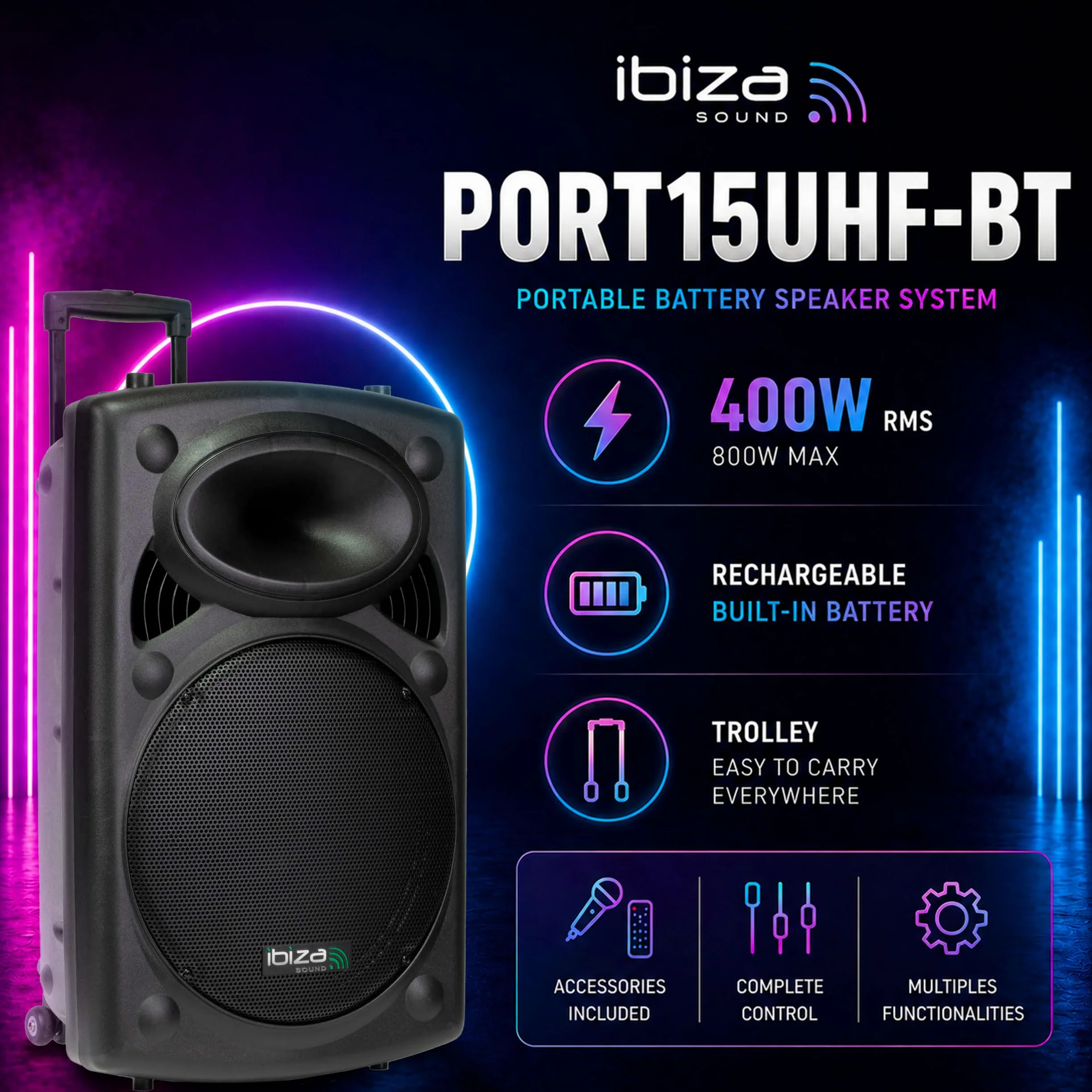 Ibiza PORT15UHF-BT 15"/38 cm Przenośny Głośnik PA z Zasilaniem Bateryjnym i Bluetooth – Maks. 800 W / 400 W RMS – Karaoke z 2 Mikrofonami UHF w Zestawie – TWS – USB, SD, REC, VOX – Trolley
