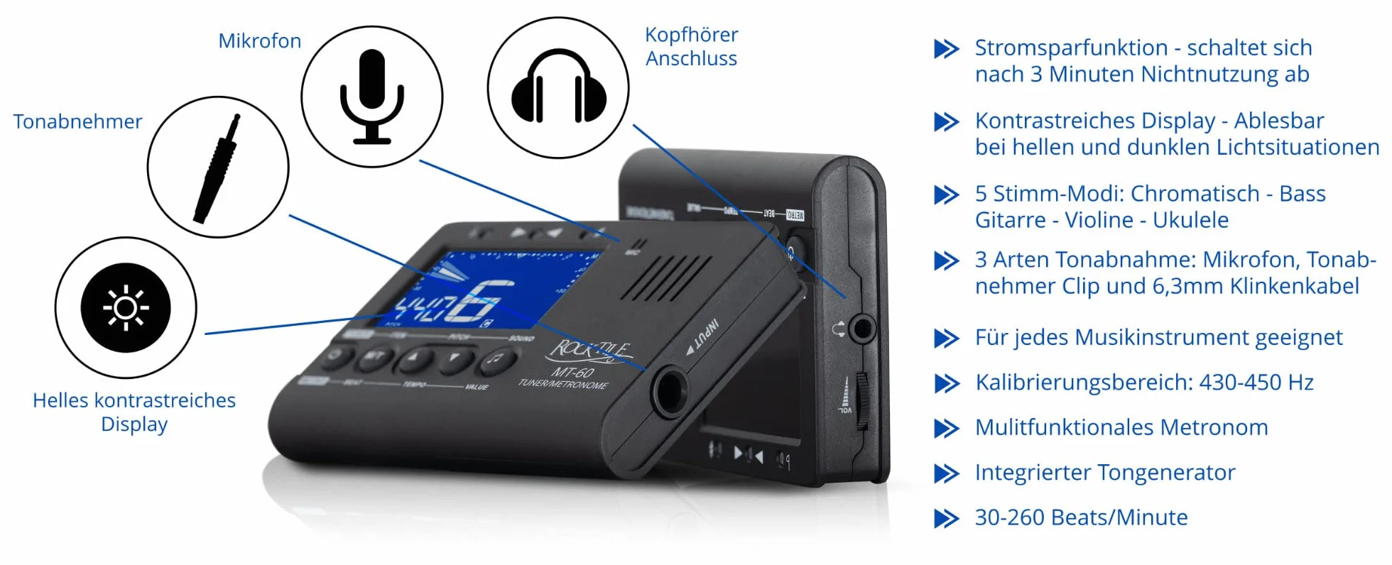 Rocktile MT-60 tuner metro – stroik z mikrofonem i czujnikiem piezoelektrycznym – nadaje się do wszystkich instrumentów – 5 trybów strojenia – metronomy – generator dźwięku – głośnik i wyjście na