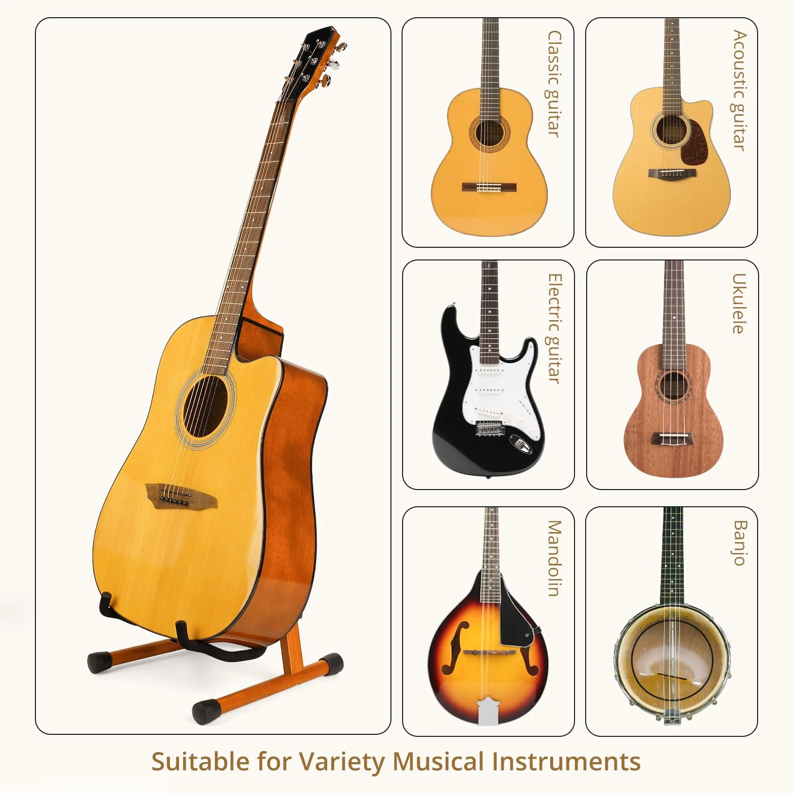 MUSO Stojak na gitarę, składany w kształcie litery A, łatwy montaż i przenośny, do basu, ukulele, banjo, wiolonczeli, mandoliny, solidny uchwyt, trwały (palisander)