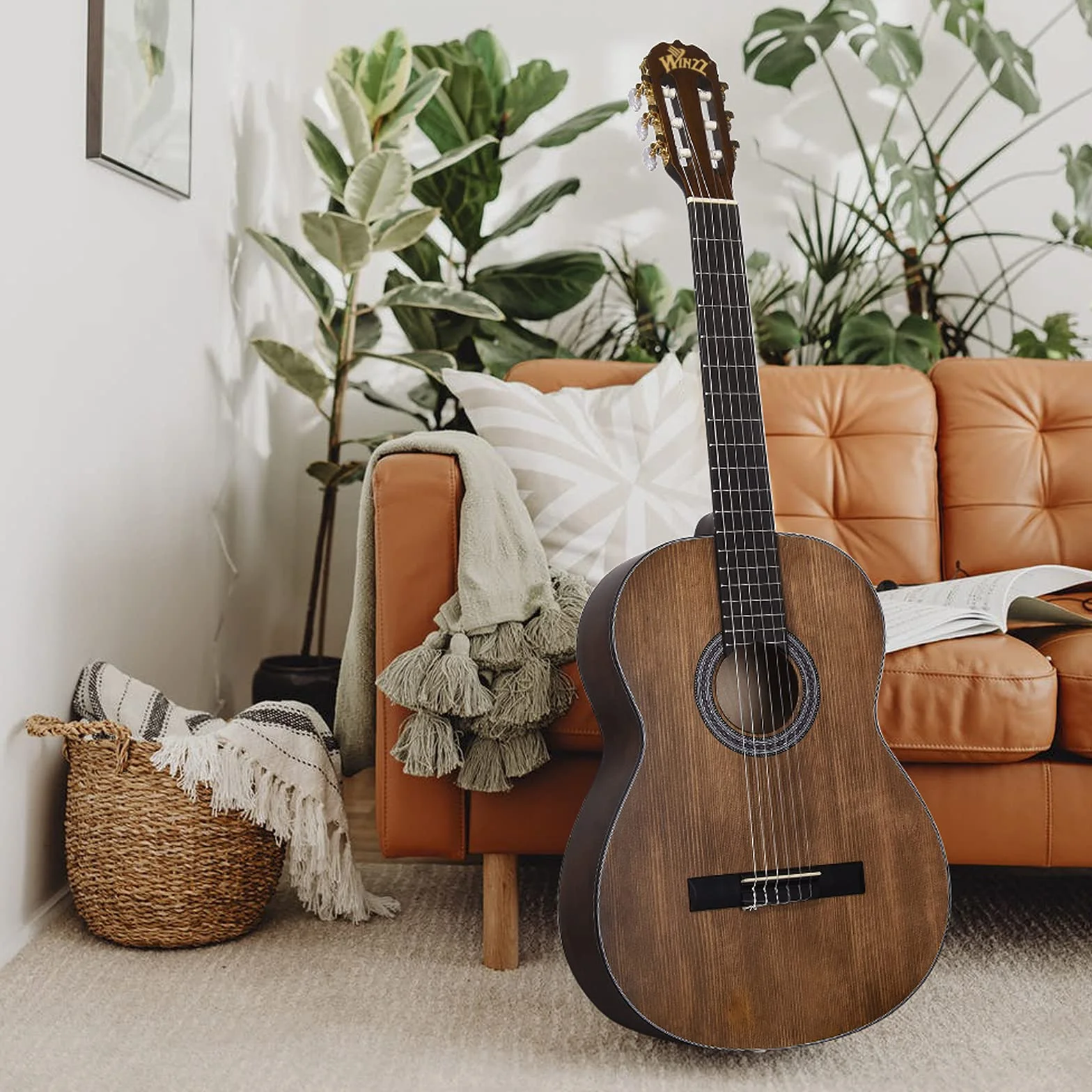 Winzz Klasyczna hiszpańska gitara 4/4, pełnowymiarowa dla dorosłych, początkujących z kompletnymi akcesoriami (99 cm, matowy brąz)