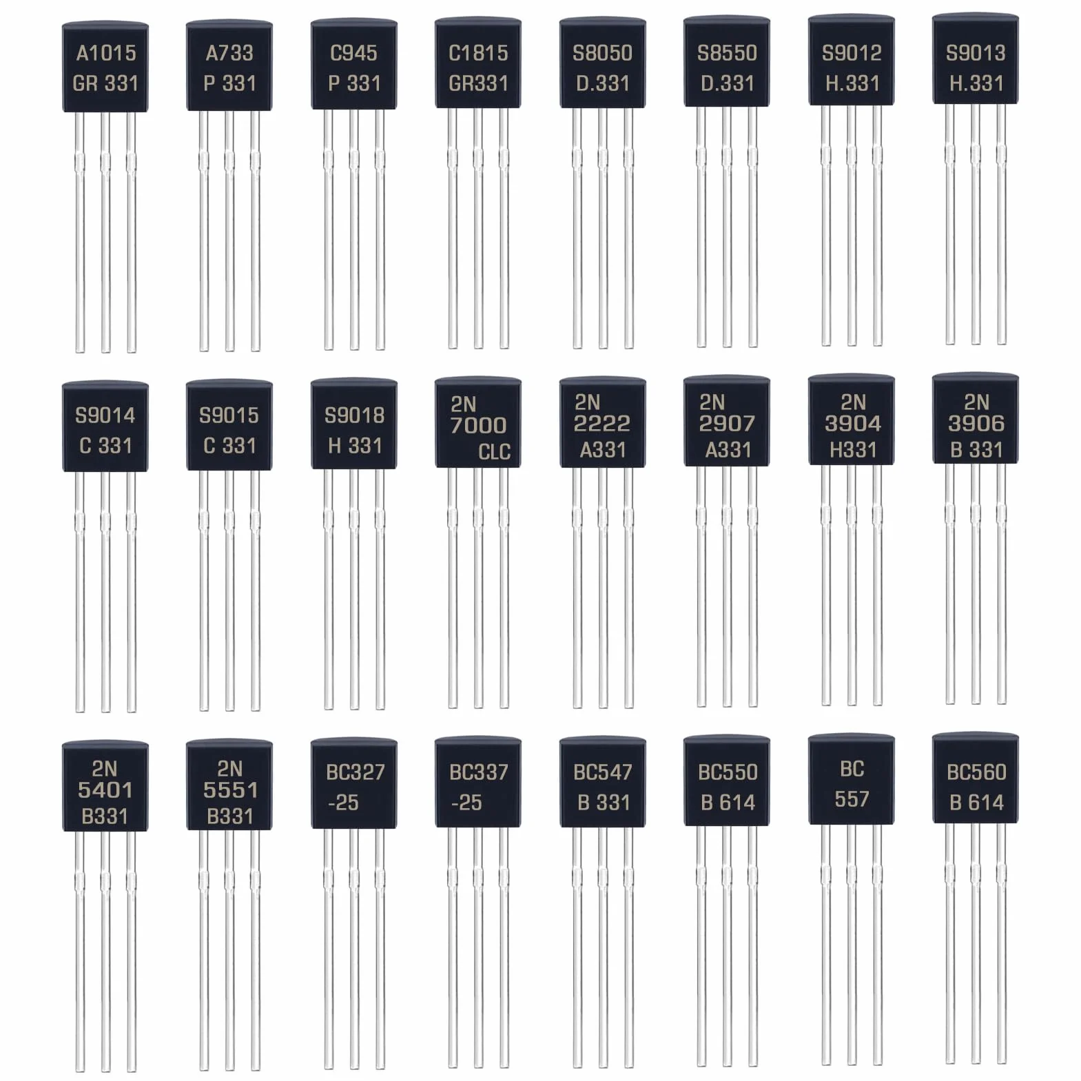 24 Values BJT Transistor Kit A1015 A733 C945 C1815 S8050 S8550 S9012 S9013 S9014 S9015 S9018 2N7000 2N2222 2N2907 2N3904 2N3906 2N5401 2N5551 BC327 BC337 BC547 BC550 BC557 BC560 Transistors