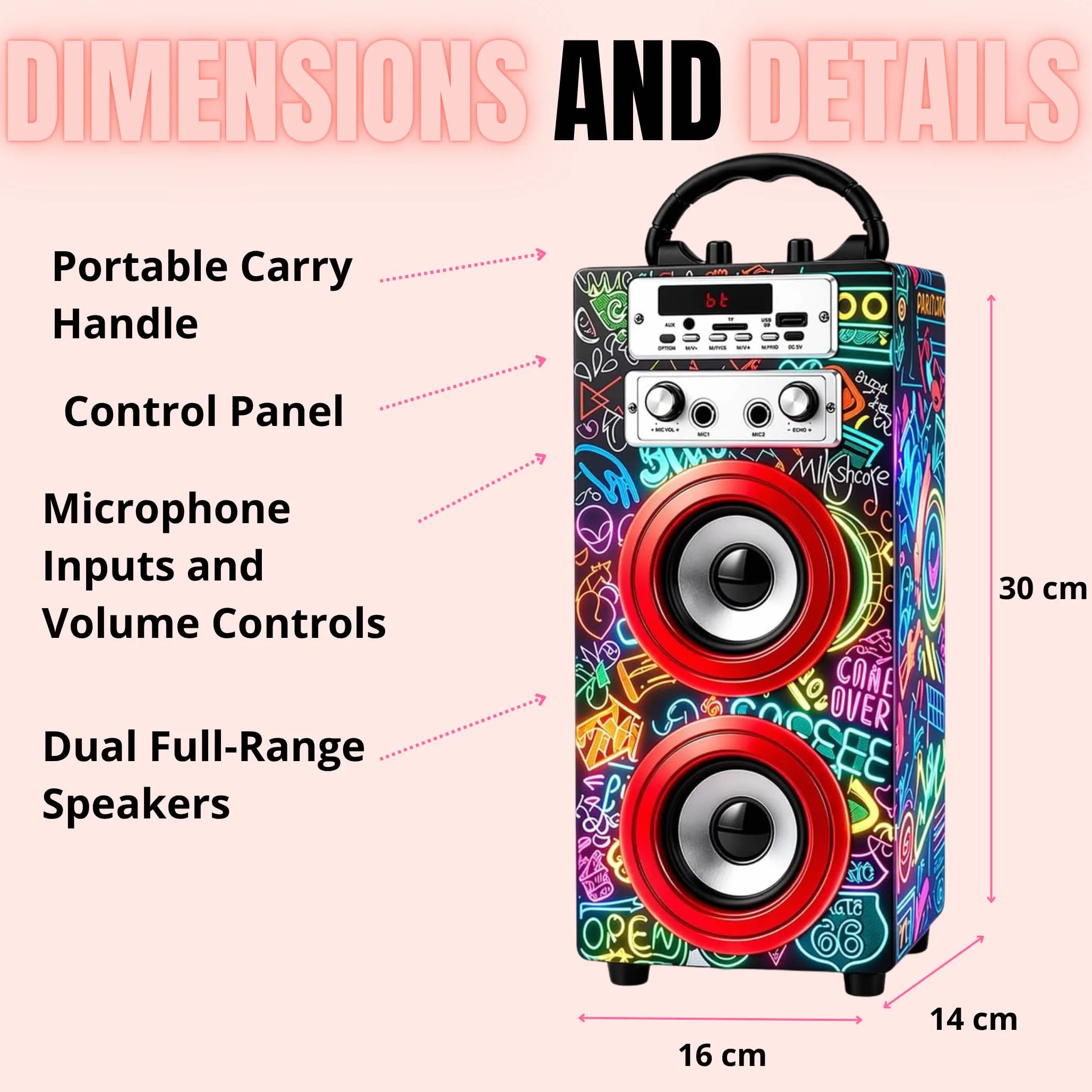 DYNASONIC Przenośna maszyna do karaoke Bluetooth 2 mikrofony światła czytnik USB SD