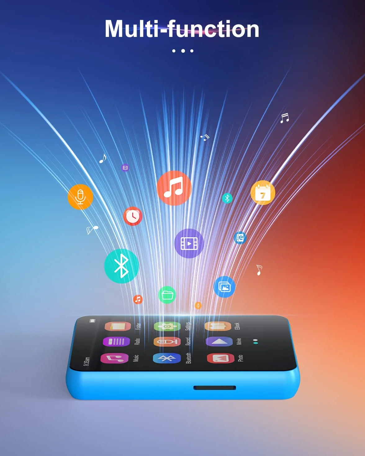 64 GB odtwarzacz MP3 z Bluetooth 5.0, przenośny odtwarzacz muzyki HIFI z głośnikiem, ekran 2,4" Full Touch, E-Book, budzik, radio FM, dyktafon, obsługa do 128 GB