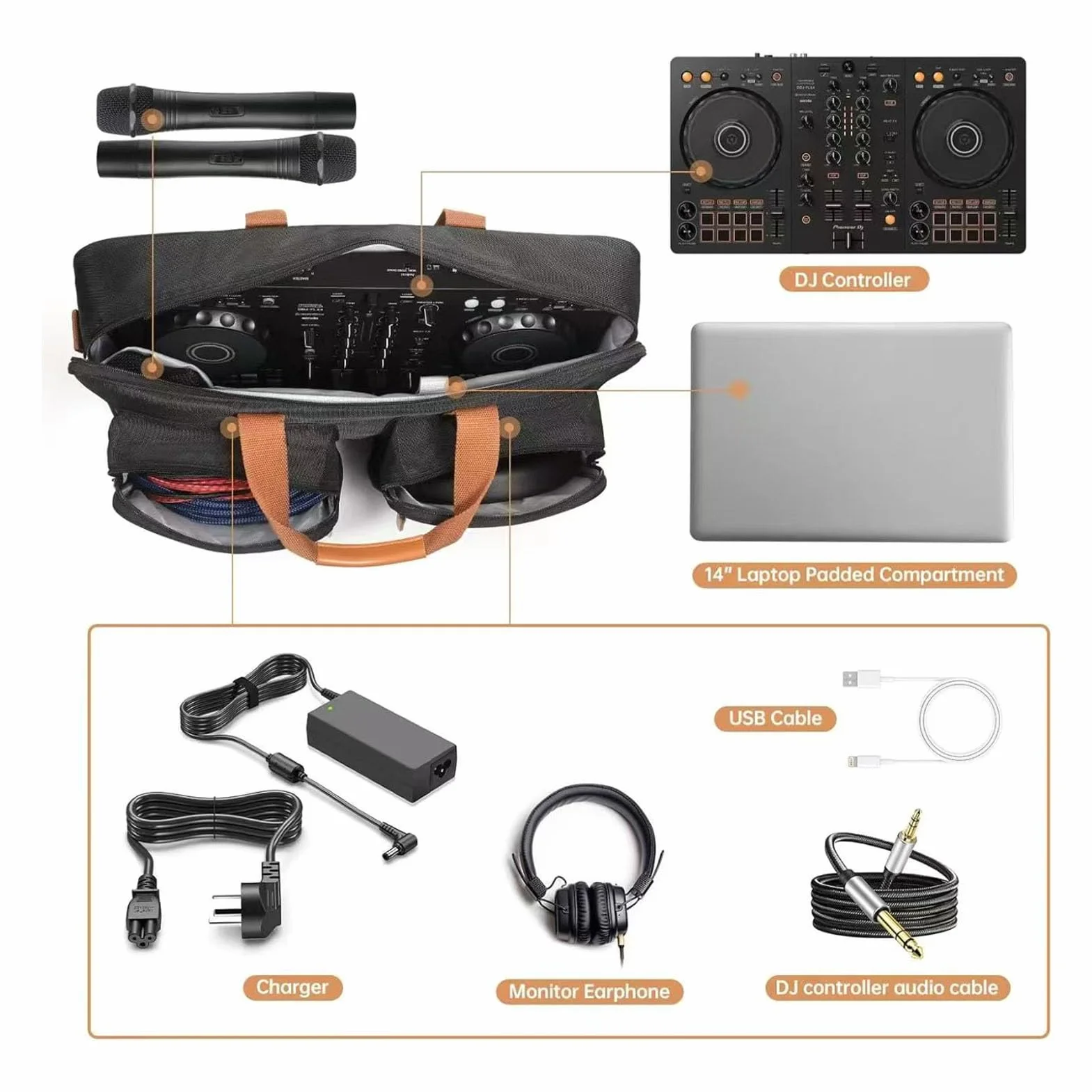 Fockety DJ Controller Case, Worka Kontrolera DJ do DDJ FLX4 SB3 SB2 400 RB, 22x7x11.5in Obudowa z Paskiem na ramię, Torba DJ do Miksera, Kabel DJ