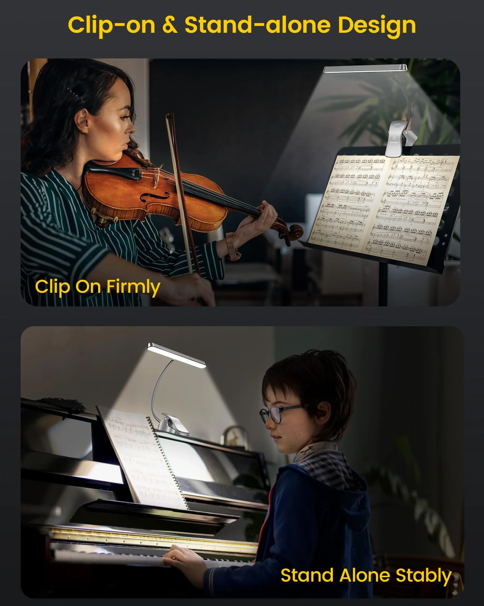 Glocusent 57 LED muzyczna lampa do stoiska, lampa fortepianowa z zaciskiem, 3 kolory i 5 jasności, ładowanie przez USB-C, trwa 140 godzin, idealna na fortepian, nuty, gitarę (szara)