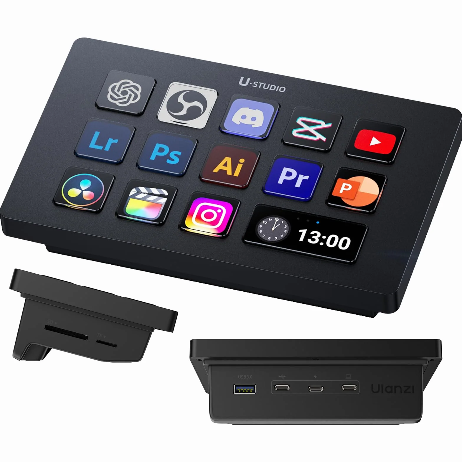 ULANZI D200H 7 w 1 U-Studio, kontroler strumieniowy, z 14 przyciskami LCD i 13 przyciskami makro, umożliwiający uruchamianie akcji na platformach takich jak OBS, Twitch i YouTube, kompatybilny z