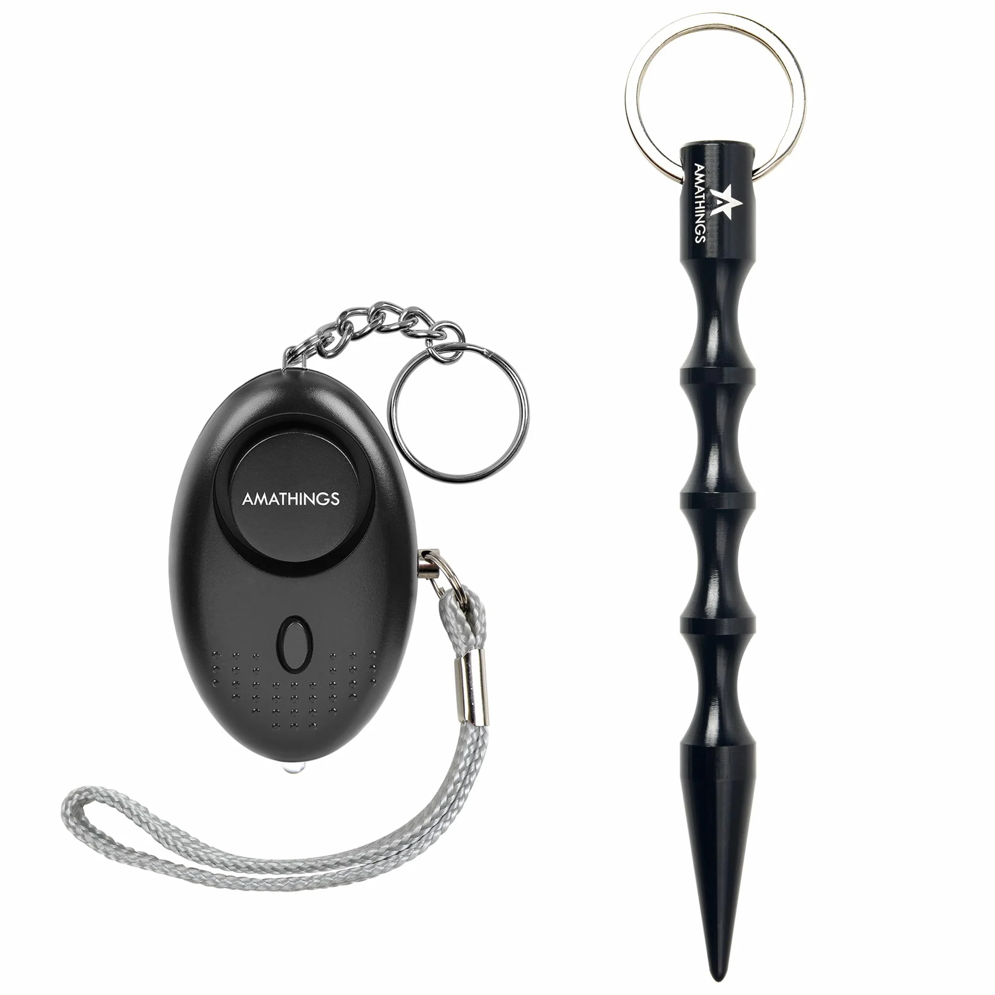 AMATHINGS Zestaw bezpieczeństwa 2w1: 130 dB alarm kieszonkowy i ergonomiczny Kubotan – kompleksowa ochrona dla kobiet i seniorów – Dyskretny zestaw do samoobrony do torebki i breloczka – Czarny