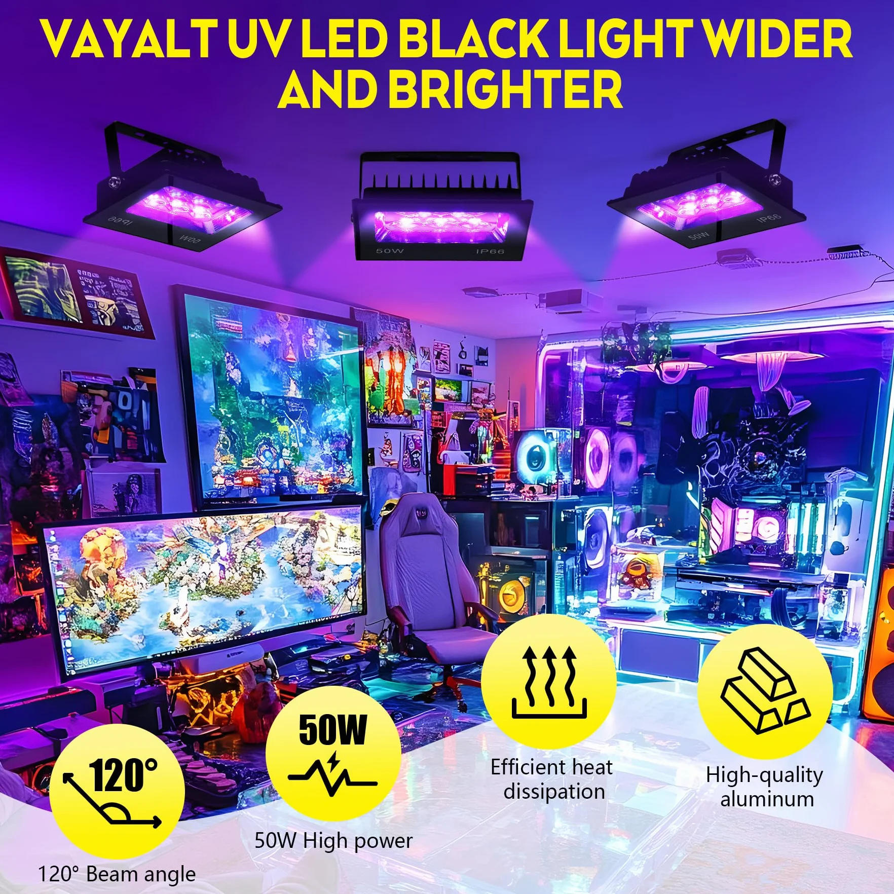 VAYALT Reflektor LED 50 W, czarne światło, reflektor LED UV na imprezę, 395-405 nm, IP66, wodoszczelna lampa z wtyczką, światło UV na dyskotekę, imprezę z okazji imprez, dekoracji Halloween