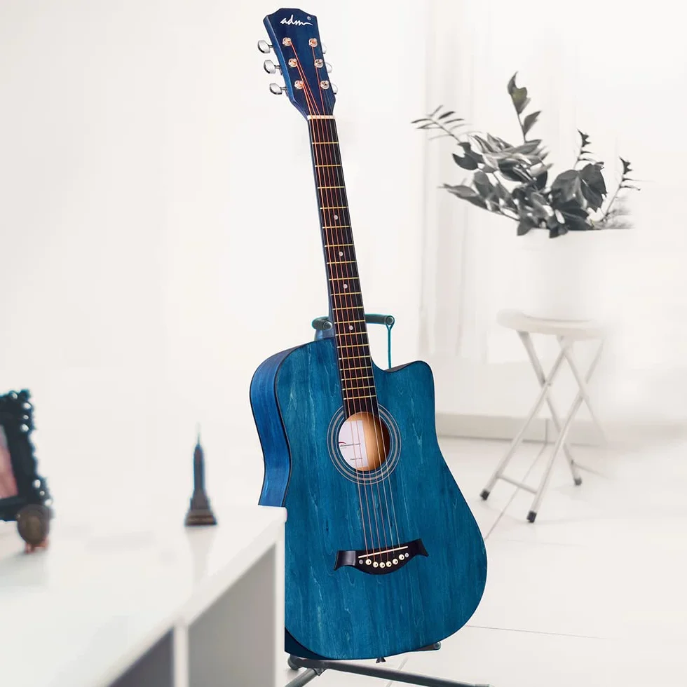 ADM Gitara akustyczna dla dorosłych, początkujących, gitara ludowa dla dzieci w wieku 8+, zestaw do gitary akustycznej ze stalowymi strunami, niebieska gitara podróżna, 96 cm, prezenty gitarowe dla chłopców i dziewcząt