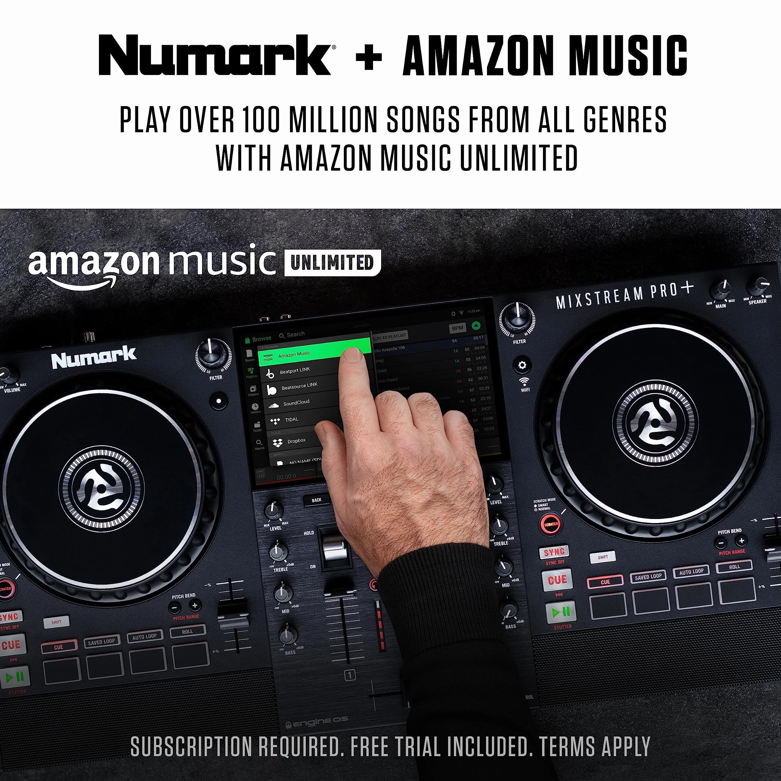 Numark Mixstream Pro+ Kontroler DJ z separacją stemów, 2 deckami, Wi-Fi, mikserem, ekranem 7″ i głośnikami, kompatybilny z Serato i Virtual DJ