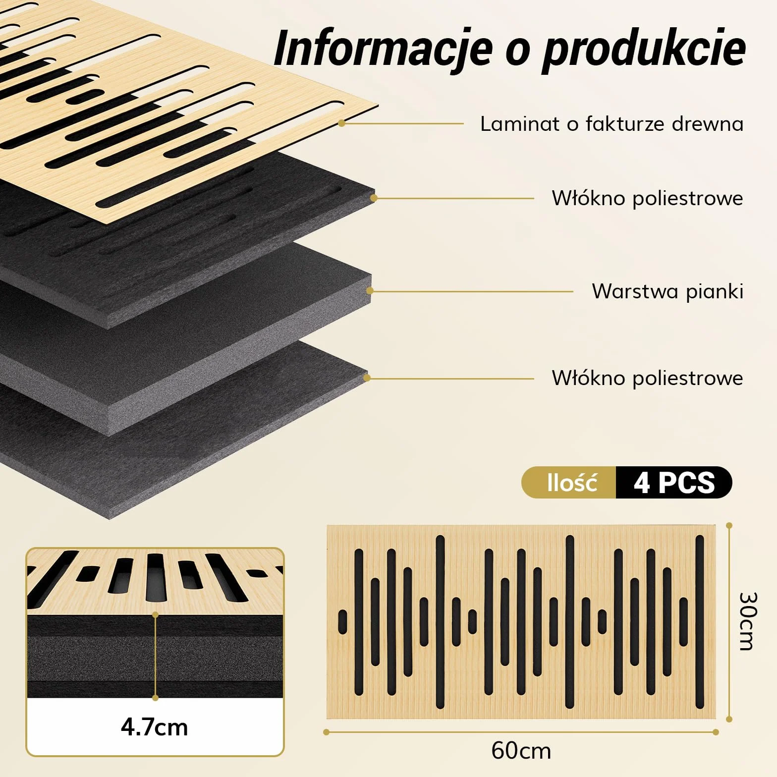 TONOR Panele Akustyczne z Forniru Drewnianego Samoprzylepne, 4 Sztuki 60x30x4,7 cm Panele Akustyczne Panele Scienne o Wyglądzie Drewna, Obróbki Akustycznej i Dekoracji Scian, Biuro, Drewno