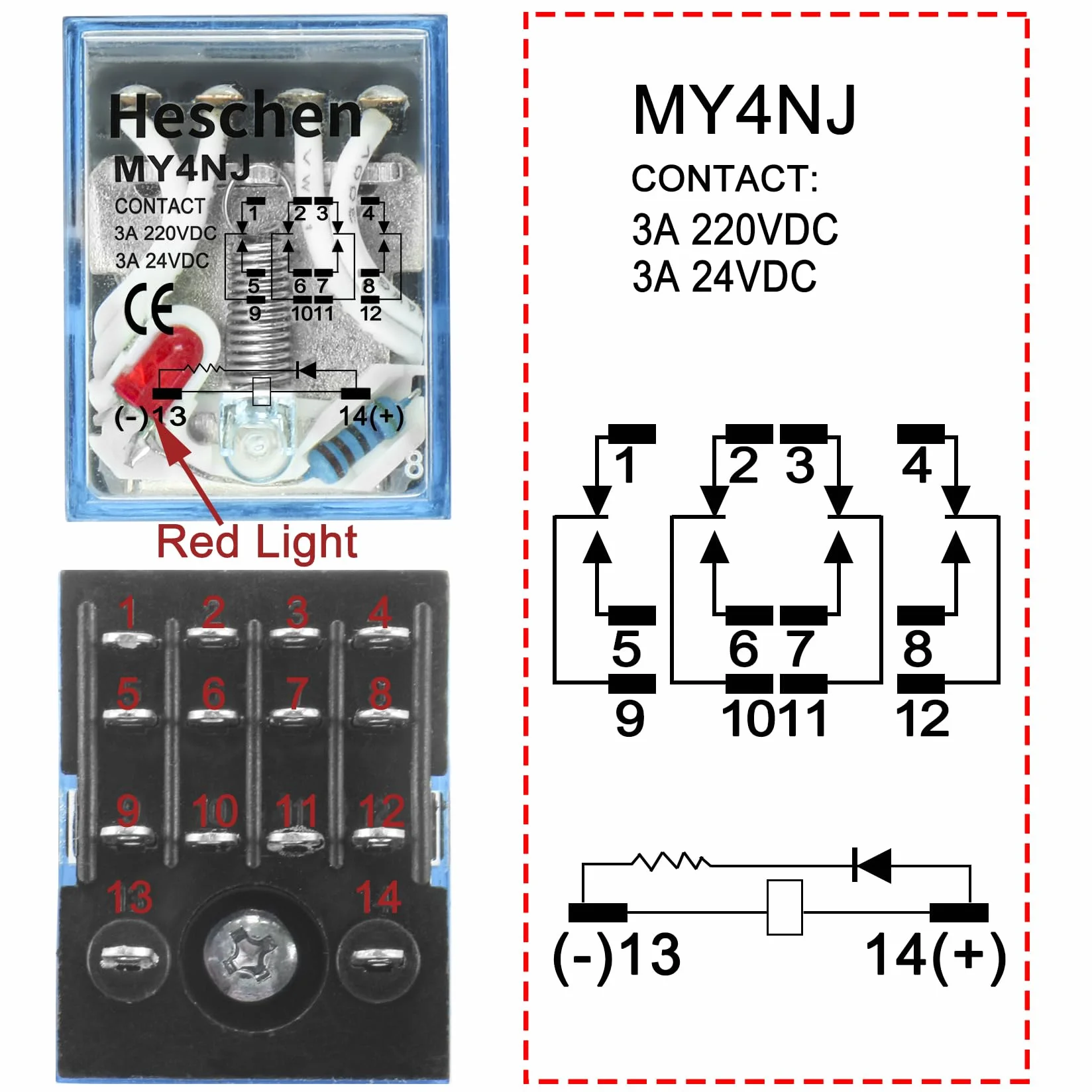 Heschen Gereral przekaźnik zasilający MY4NJ 220 V AC cewka 3 A 220 V AC/24 V DC 4PDT Wskaźnik LED 14-pinowe zaciski
