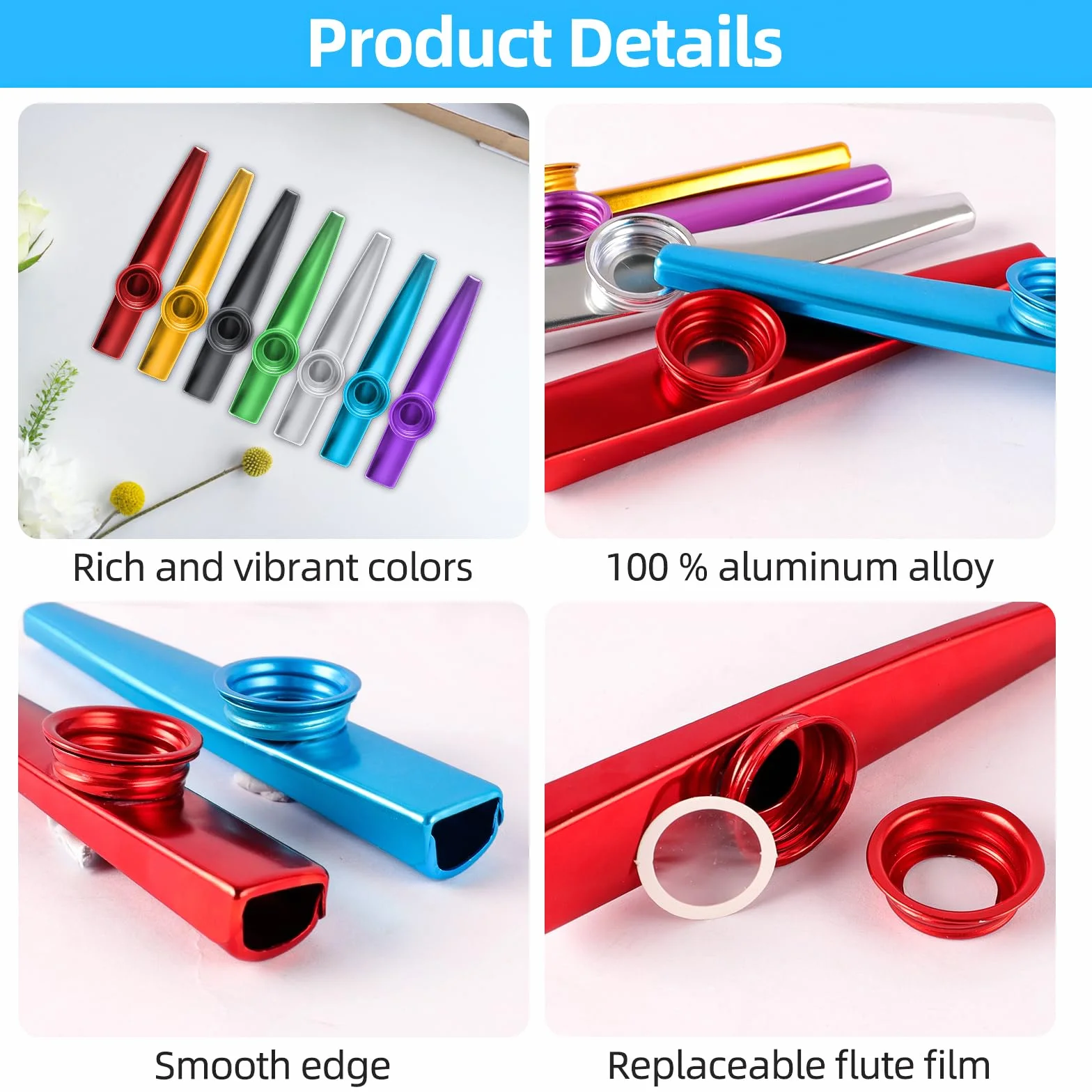 Kazoo zestaw 14 instrumentów muzycznych ze stopu aluminium – instrumenty muzyczne w 7 kolorach dla dzieci, miłośników muzyki, początkujących - prezenty na imprezę