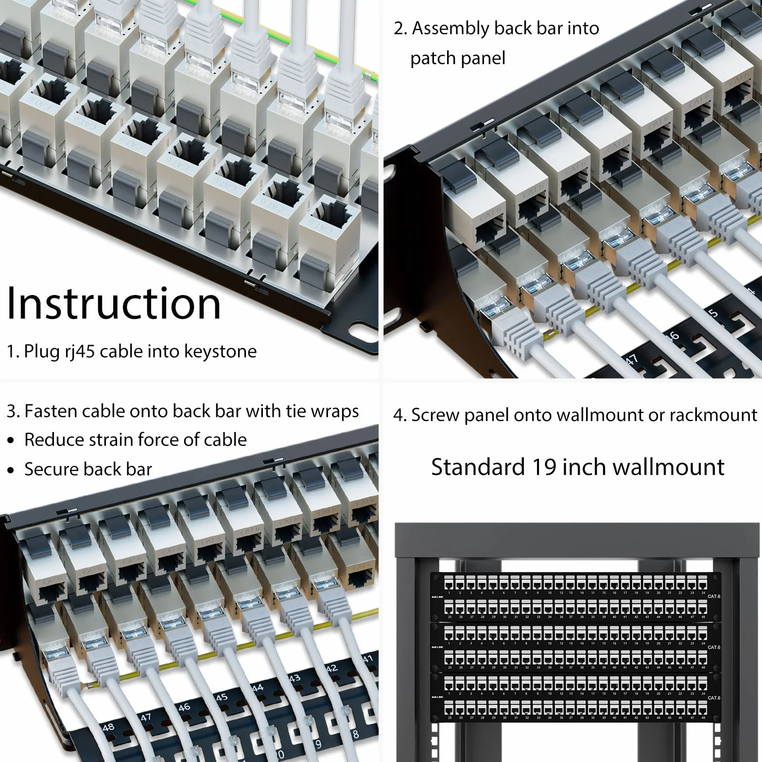 iwillink Panel krosowy z 48 portami RJ45 ekranowany przez złącze 2U Cat6 STP 19 cali z listwą tylną, uchwytem ściennym lub montażem do montażu w szafie, kompatybilny z okablowaniem Cat5, Cat5e, Cat6