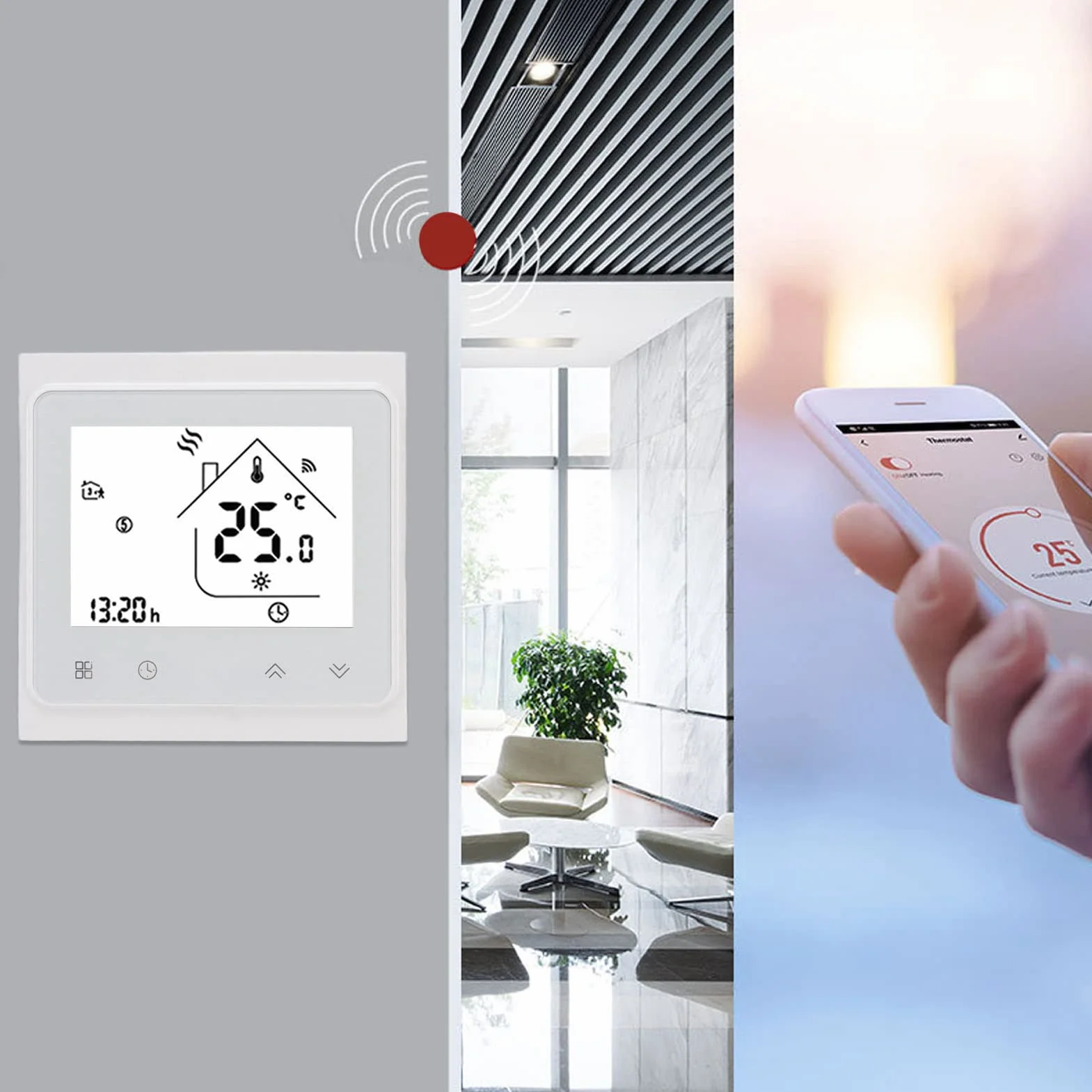 Termostat Cyfrowy, Inteligentny Termostat Cyfrowy AC 95–240 V, Biały, Kontrola za pomocą Aplikacji Bezprzewodowej, Obsługa 50 zaworów. Wysokiej Jakości materiał PP ABS, Piloty i