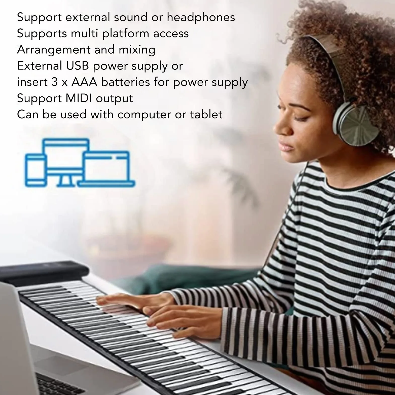 Roll Up Piano, 61-klawiszowa Przenośna Klawiatura Fortepian, Ręcznie Zwijana Elektryczna Klawiatura Pianina dla Początkujących Dzieci, Edukacyjna Elektroniczna Muzyka Cyfrowa Klawiatura(PM61)