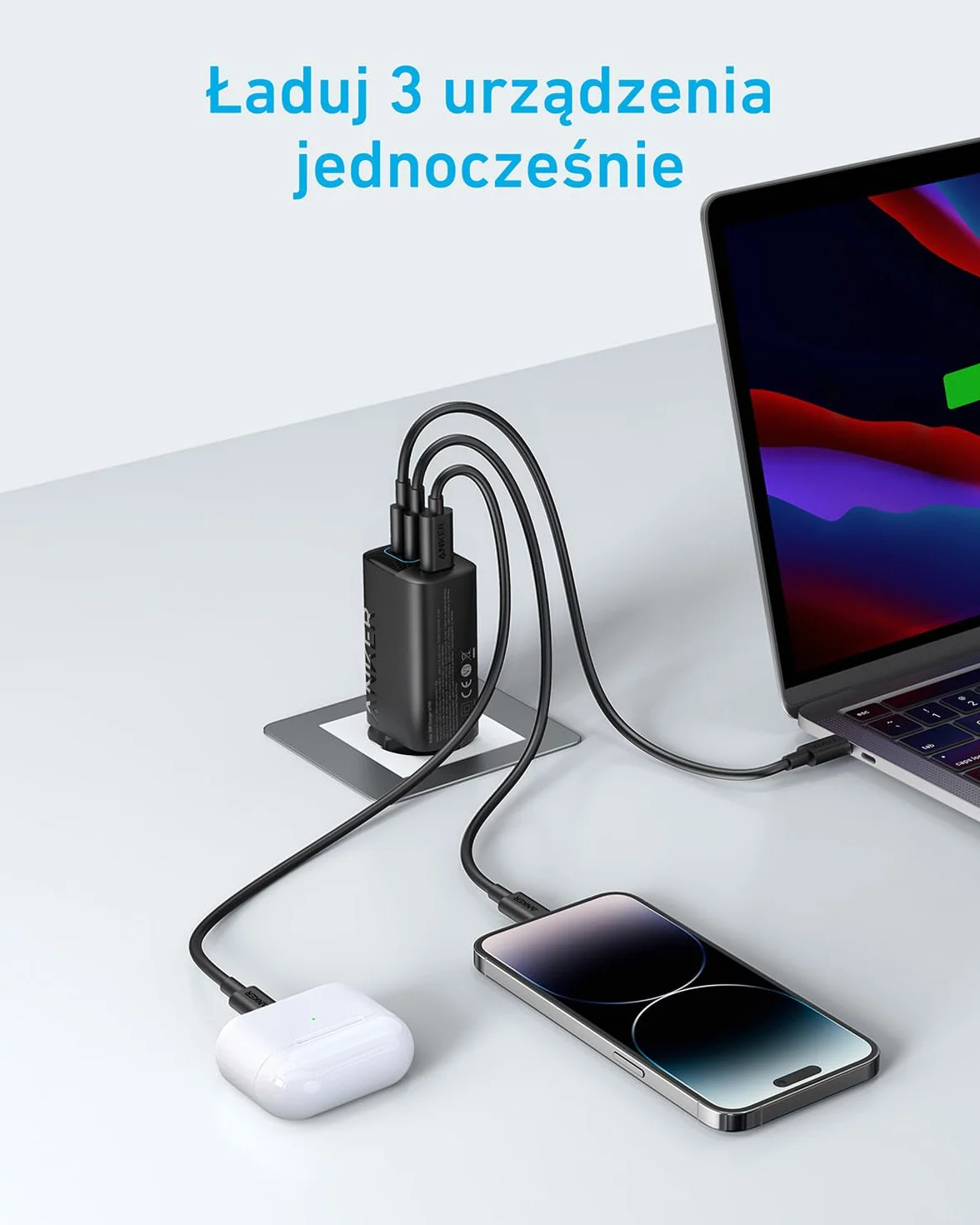 Ładowarka USB-C 67 W, Anker 335 wysokowydajny zasilacz z PIQ 3.0, 3-portowa szybka ładowarka, ładowarka PD do iPhone 16/15/14, MacBook Pro, iPad, Galaxy (kabel USB-C na USB-C w zestawie)