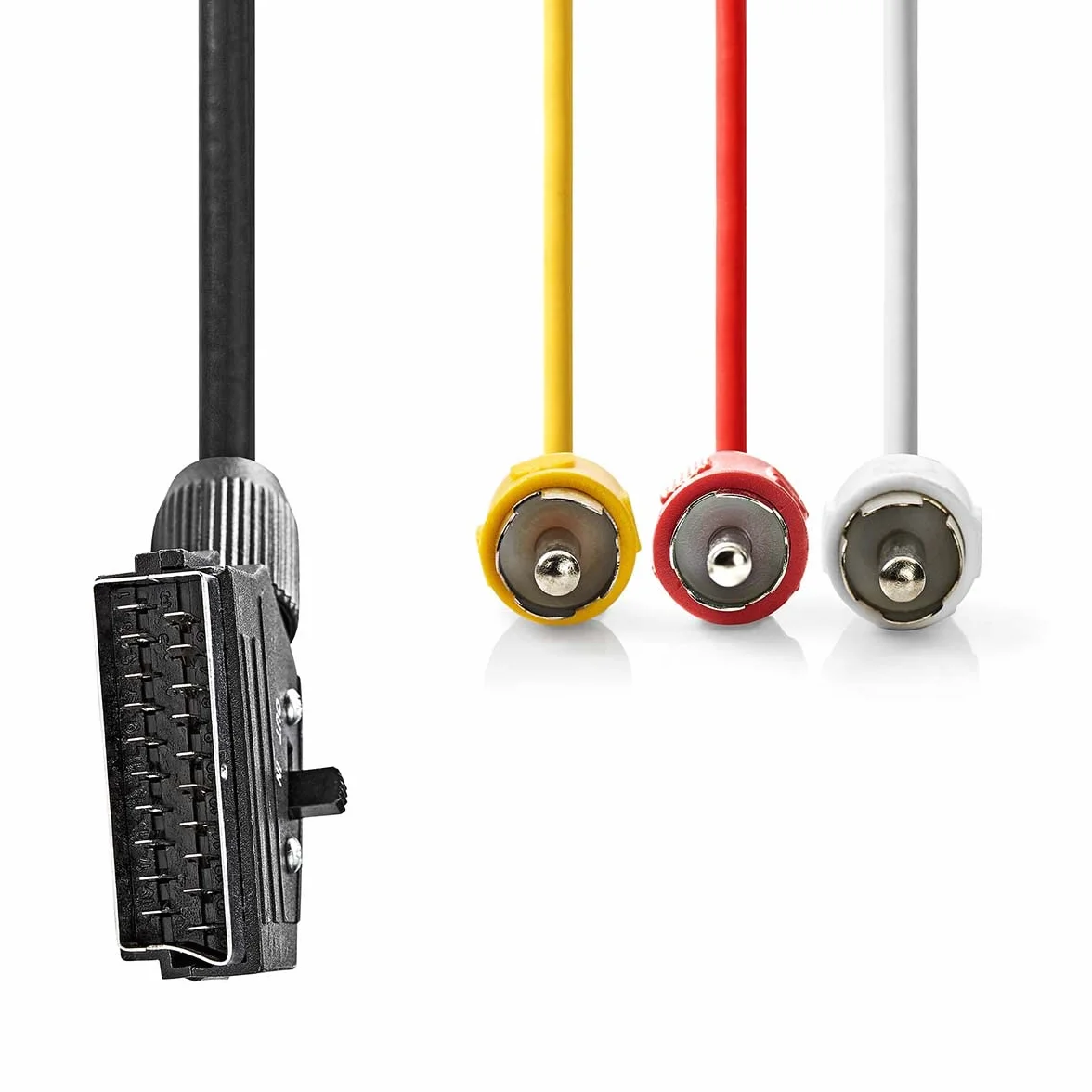 NEDIS Kabel SCART | wtyczka SCART | 3 x wtyczka cinch | niklowany | przełączany | 480p | okrągły | PCW | czarny | worek plastikowy 1,00 m 1,00 m