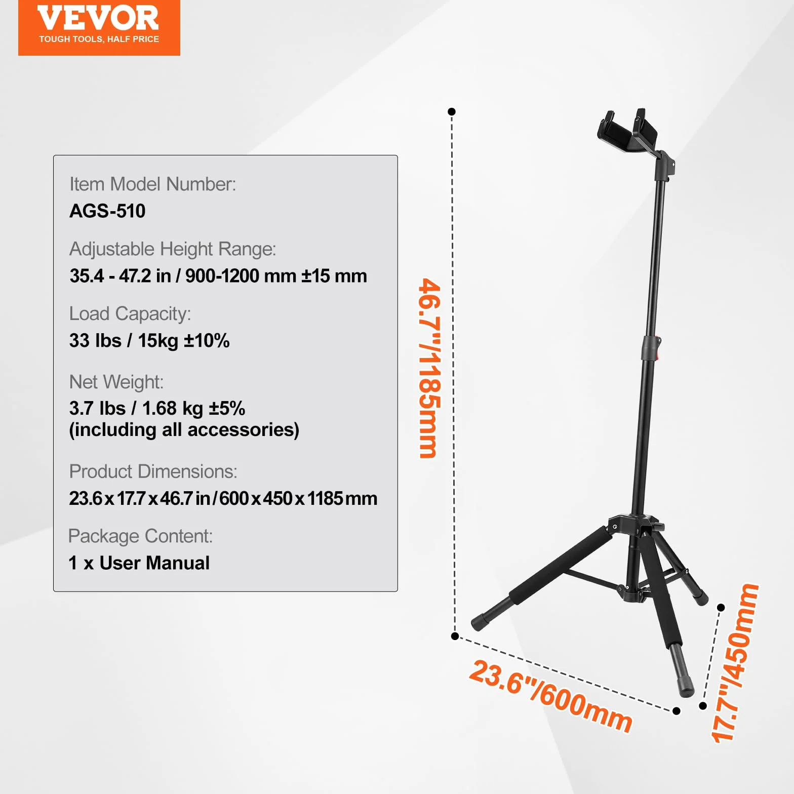 VEVOR Stojak na gitarę składany, nośność 15 kg, regulacja wysokości 900-1200 mm, statyw do gitary basowej i akustycznej