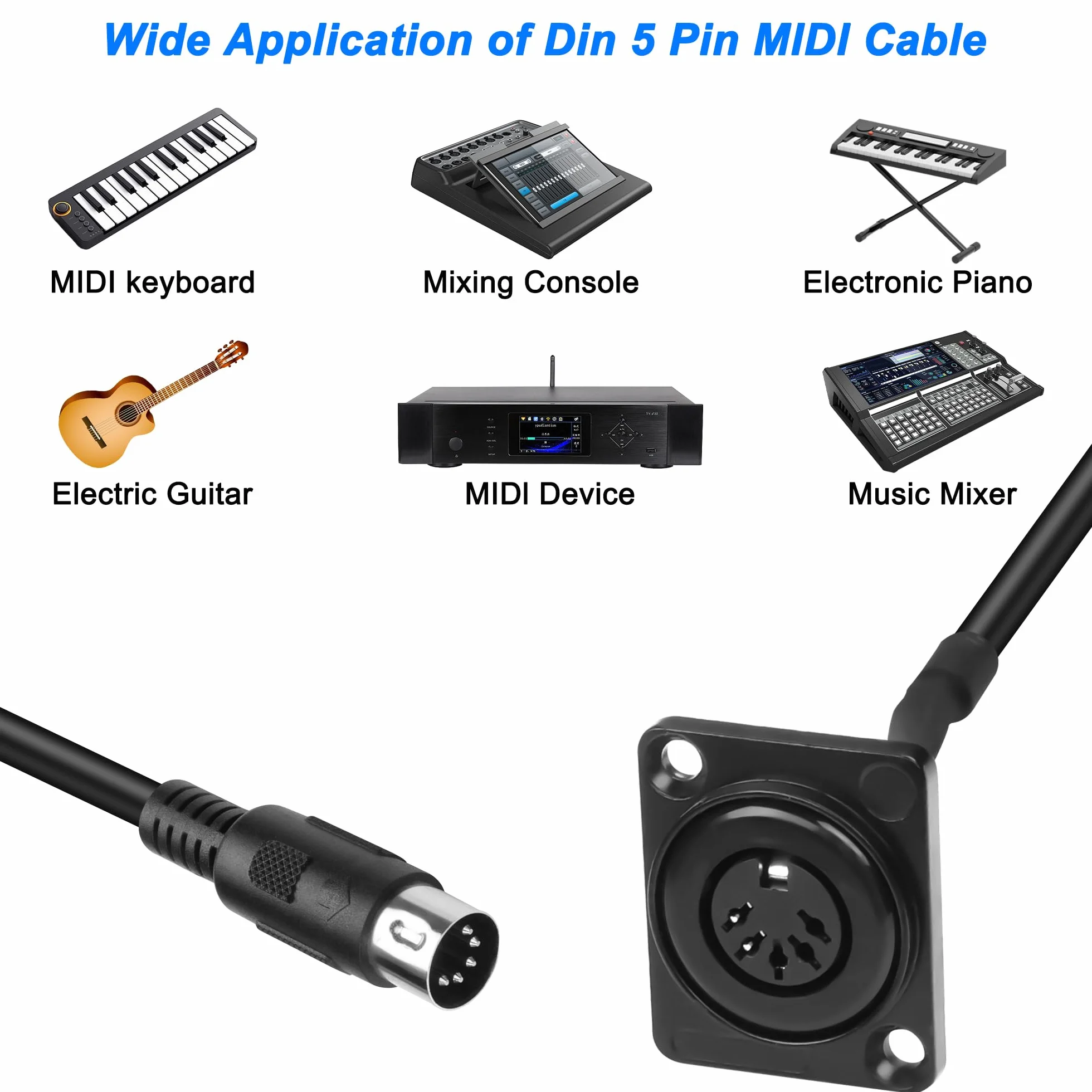 MIDI DIN 5-pinowy kabel przedłużający montaż panelowy DIN 5PIN wtyczka na gniazdo audio adapter do keyboardu syntezatora 53 cm