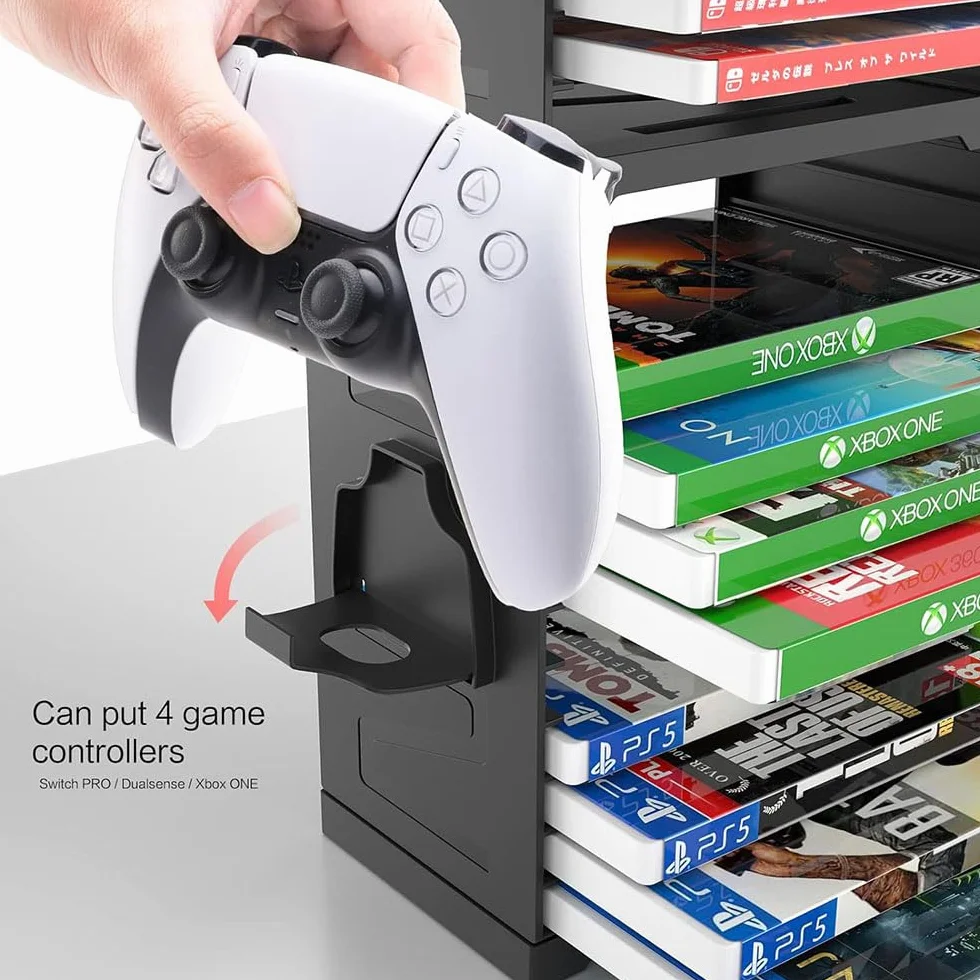 Wieża do przechowywania gier dla PS5, PS5 Przechowywanie płyt CD z grami, stojak na 24 płyty CD i 4 kontrolery dla SWITCH, Xbox Series S & X, Xbox One, PS4, PS3, Blu Rays