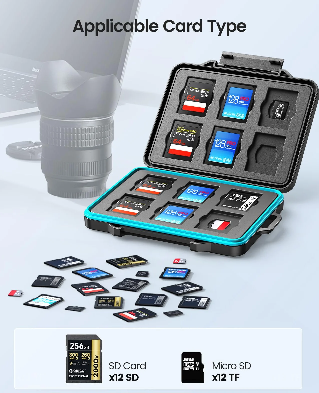 Etui ochronne na karty pamięci ORICO SD Memory Card Case na 12 kart SD i 12 kart TF, etui na karty pamięci, wodoszczelne i pyłoszczelne, z karabińczykiem i naklejką (PHCD-3)
