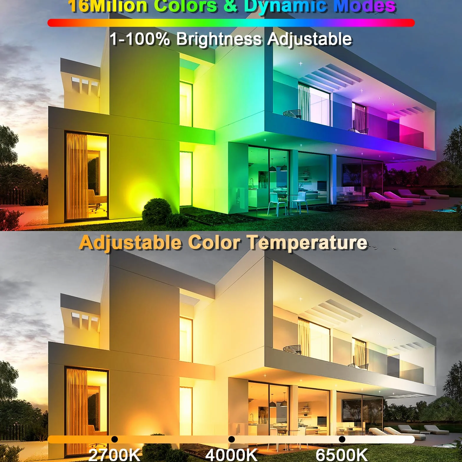 Reflektor zewnętrzny LED RGB 60 W, pilot zdalnego sterowania, aplikacja Bluetooth, 16 milionów kolorów i tryb stroboskopowy, timer, 6000 lm, 2700 K, IP66, 2 sztuki