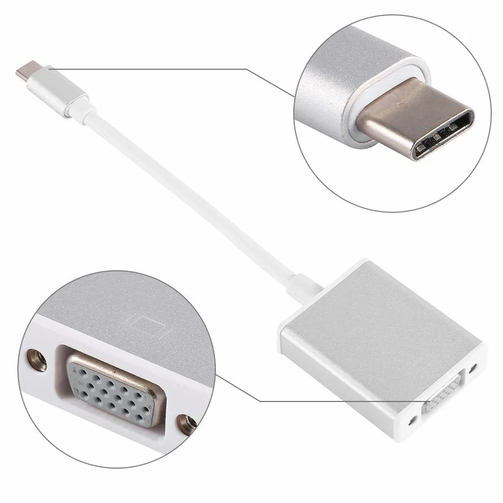 Adapter USB C do VGA, 10 Gb/s 24-pinowy kabel konwertera typu C na żeński VGA z aluminiową obudową, złącze USB 3.1 na VGA Obsługuje monitor projektora HD TV Box dla Macboo Air (srebrny)
