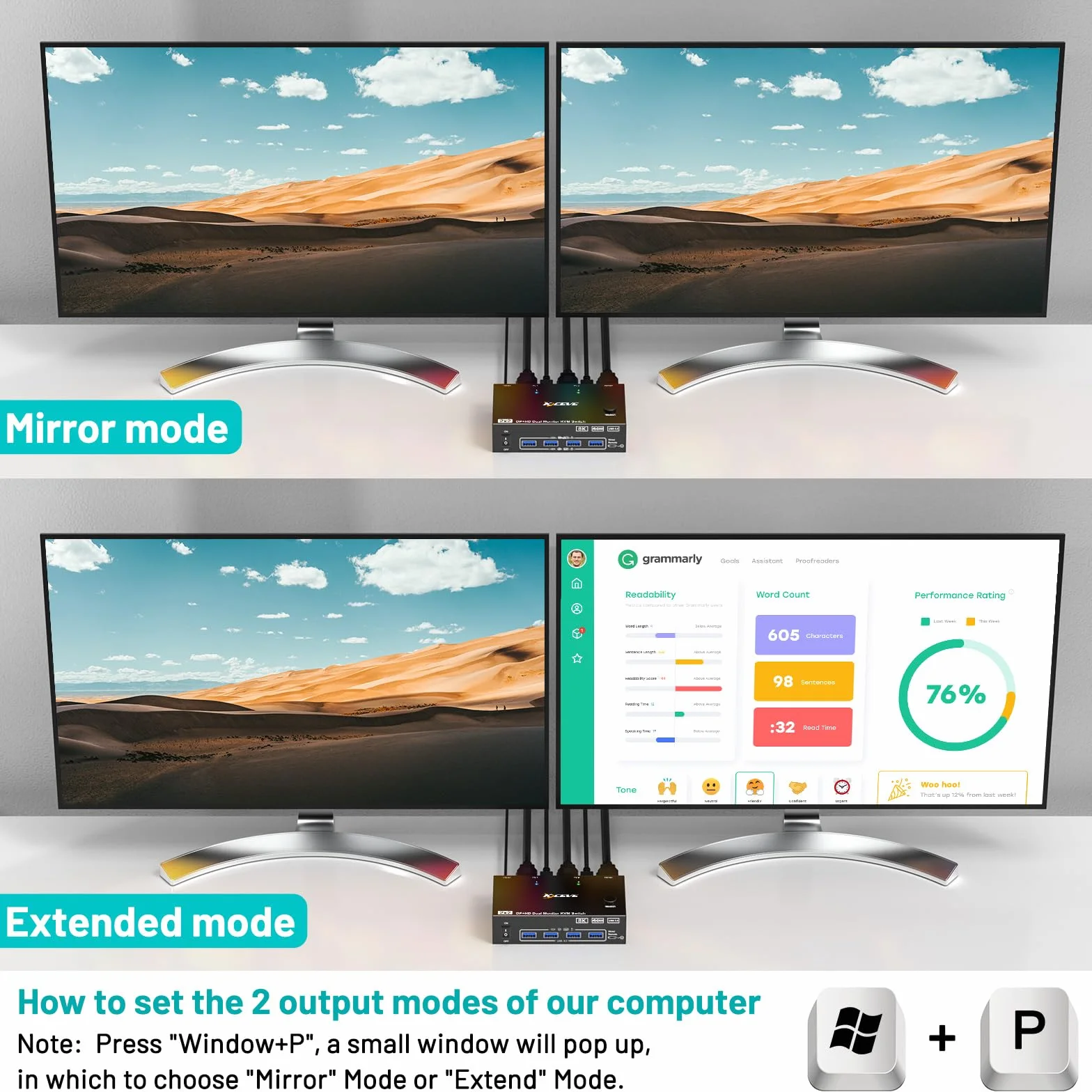 Przełącznik KVM 2 Computery 2 Monitory 8K@60Hz, MLEEDA HDMI DisplayPort Dual Monitor KVM Switch 2 Computers Udostępnij 2 Monitors i 4 Porty USB 3.0, z Adapter Zasilania, Przewodowy Pilot i 2 Kable USB