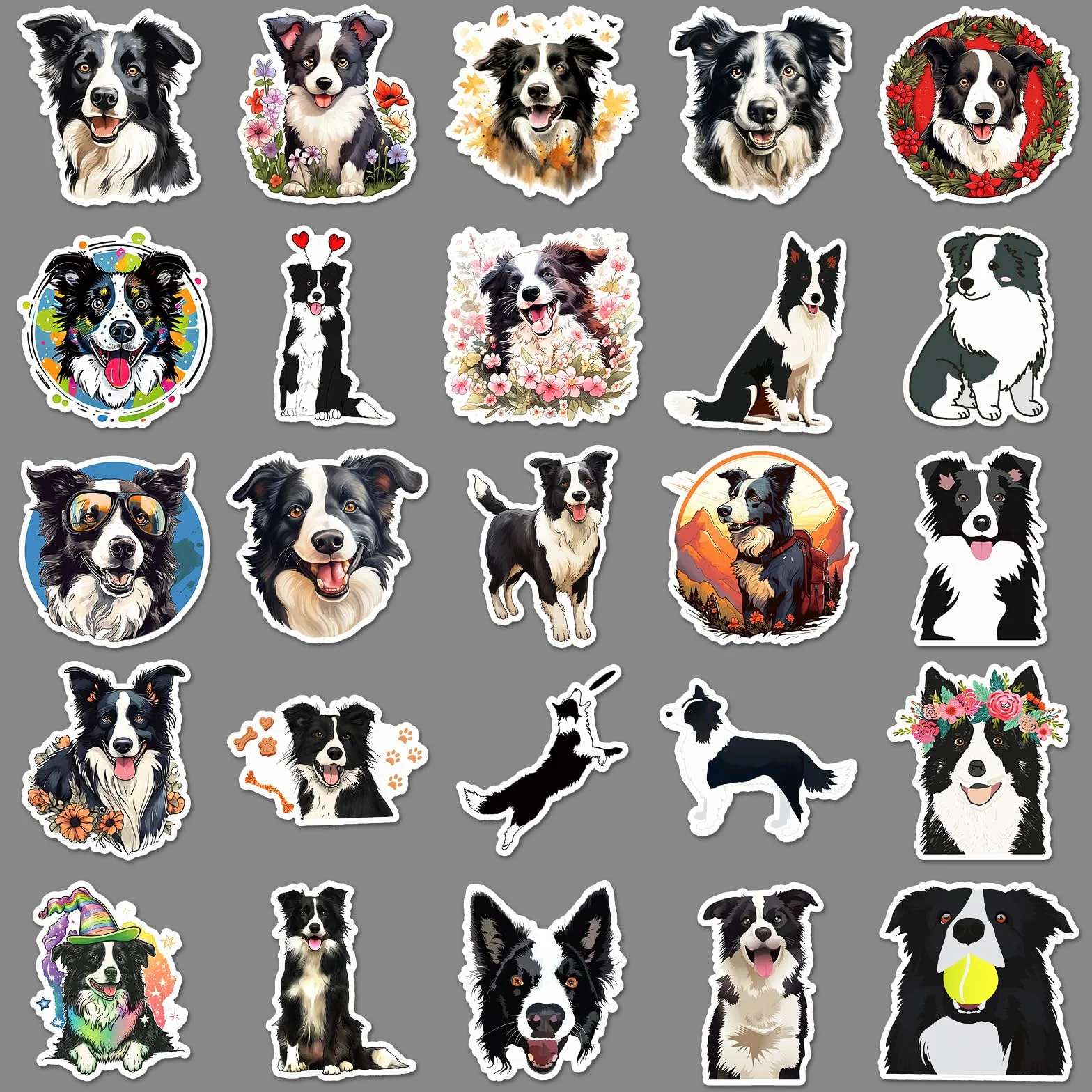 Border Collie Wodoodporne winylowe naklejki dla psów, zestaw 50 szt., urocze naklejki dla szczeniaka na laptopa, butelkę z wodą, etui na telefon, bagaż, album do scrapbookingu, prezenty dla miłośników