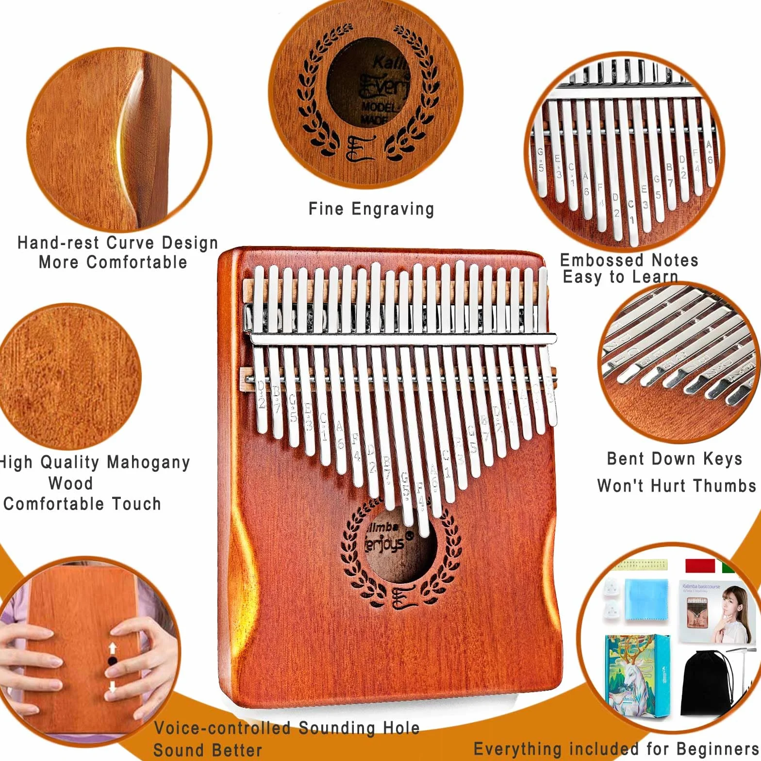 Everjoys Kalimba fortepian na kciuk, 21 klawiszy, profesjonalny instrument muzyczny, pianino na palec, marimby z przenośną miękką torbą z tkaniny, szybki śpiewnik, młotek do strojenia, wszystko w