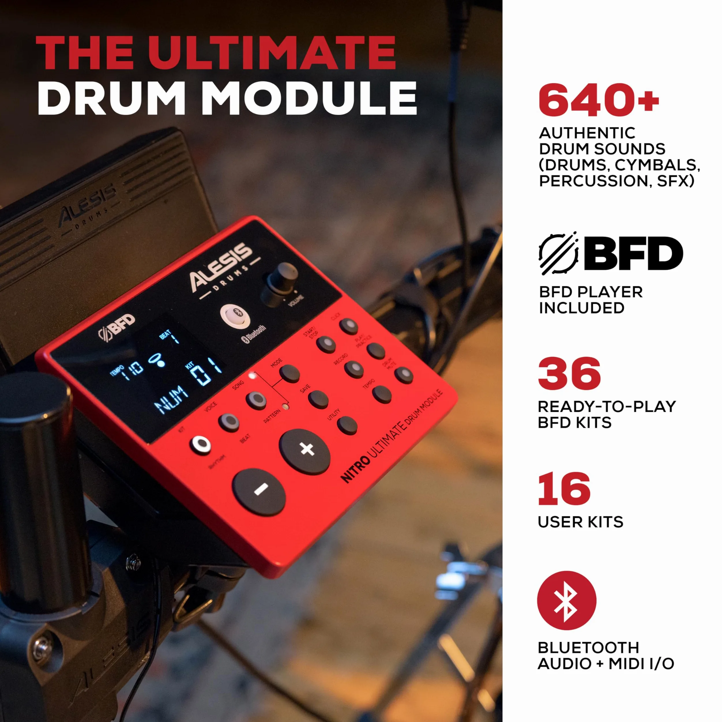 Alesis Nitro Ultimate Elektroniczny Zestaw Perkusyjny z Podwójnymi Padami Siatkowymi, Niezależnym Hi-Hatem, 640 Brzmieniami BFD 52 Zestawami, Bluetooth, Drumeo, USB MIDI, Podwójną Stopą Basową