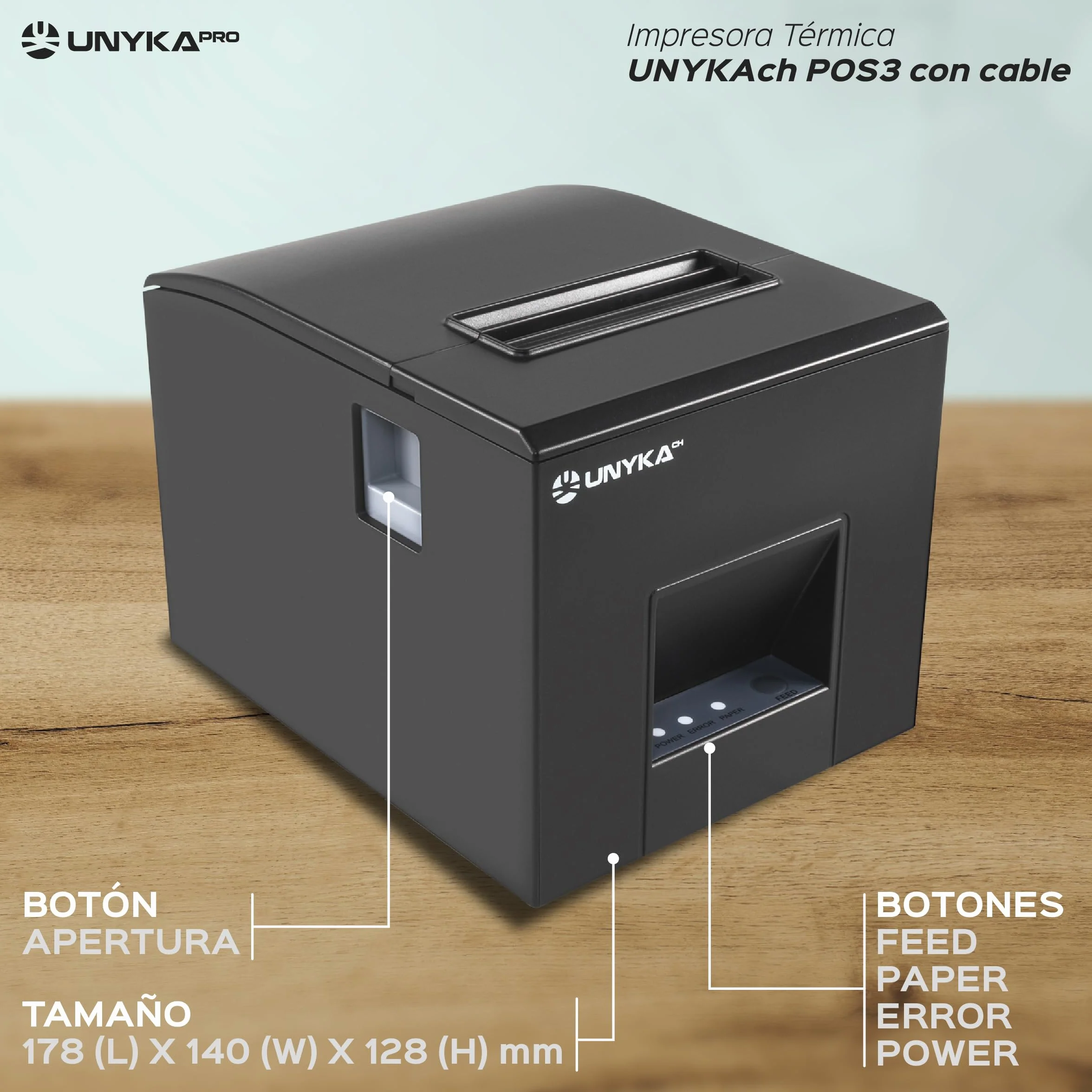 UNYKAch Aykach Thermal Drukarka banknotów UK56007 POS3, kompaktowa, papierowa 80 mm, połączenia szeregowe, USB, RJ12, RJ11 i LAN, kompatybilna ze wszystkimi systemami