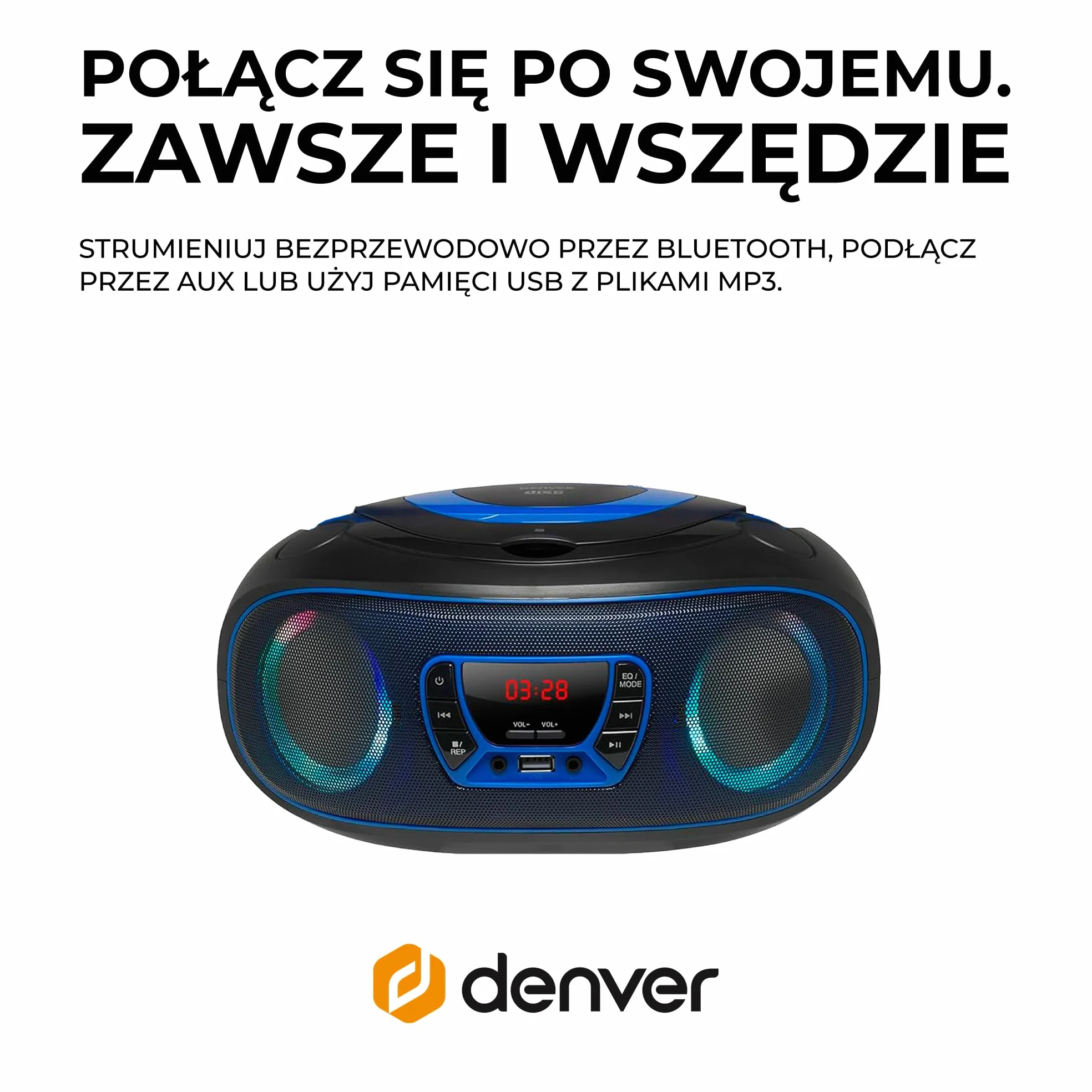 Denver TCL212BT radio z Bluetooth, radio Bluetooth z efektami świetlnymi, przenośny odtwarzacz CD, AUX, USB, niebieskie
