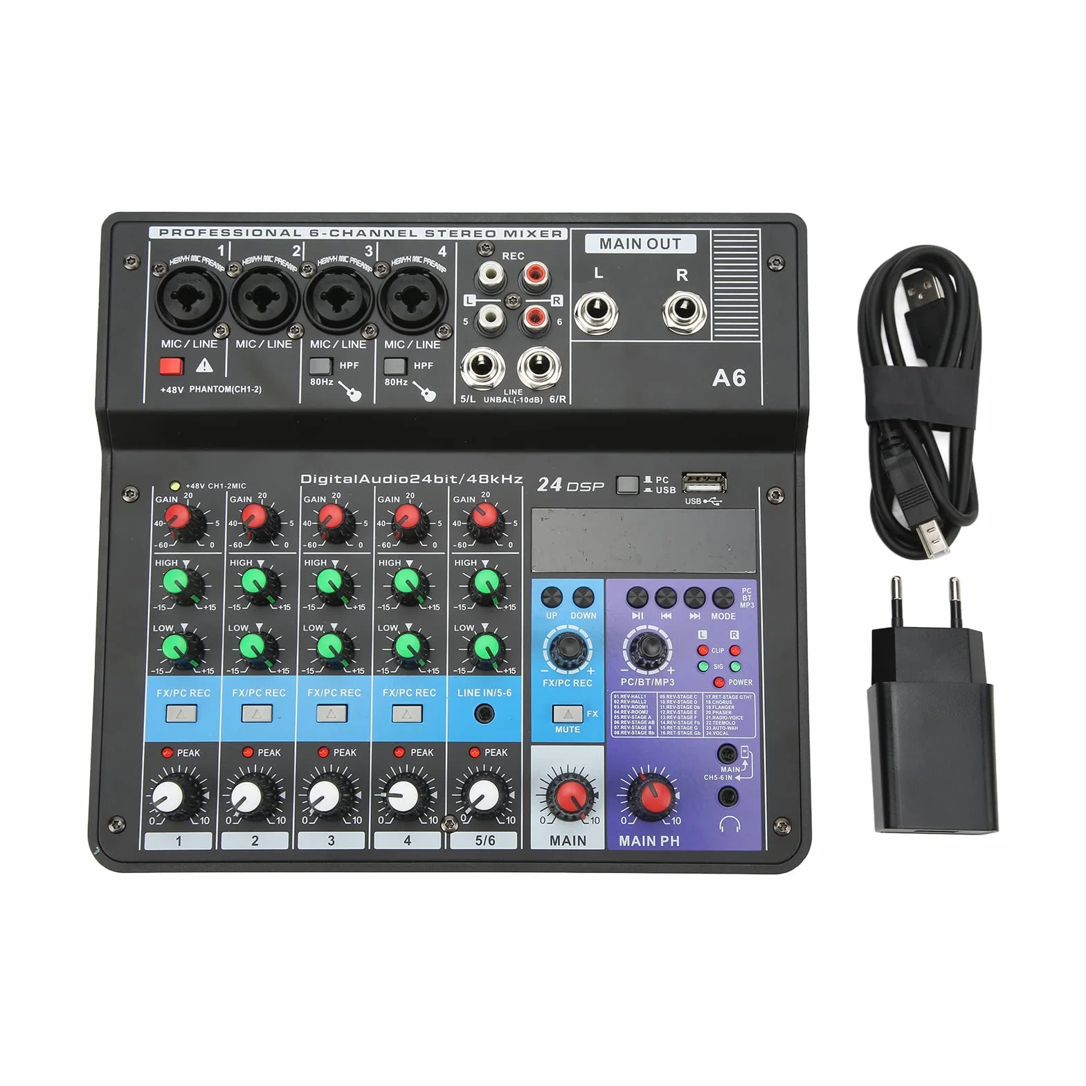 Mikser Audio 6-kanałowy, Mikser Audio Karta Dźwiękowa Konsola, Interfejs Audio USB Mikser Karta Dźwiękowa BT Biurko Nagrywanie Głosu Mini Mikser do Domowej Produkcji Muzyki na żywo
