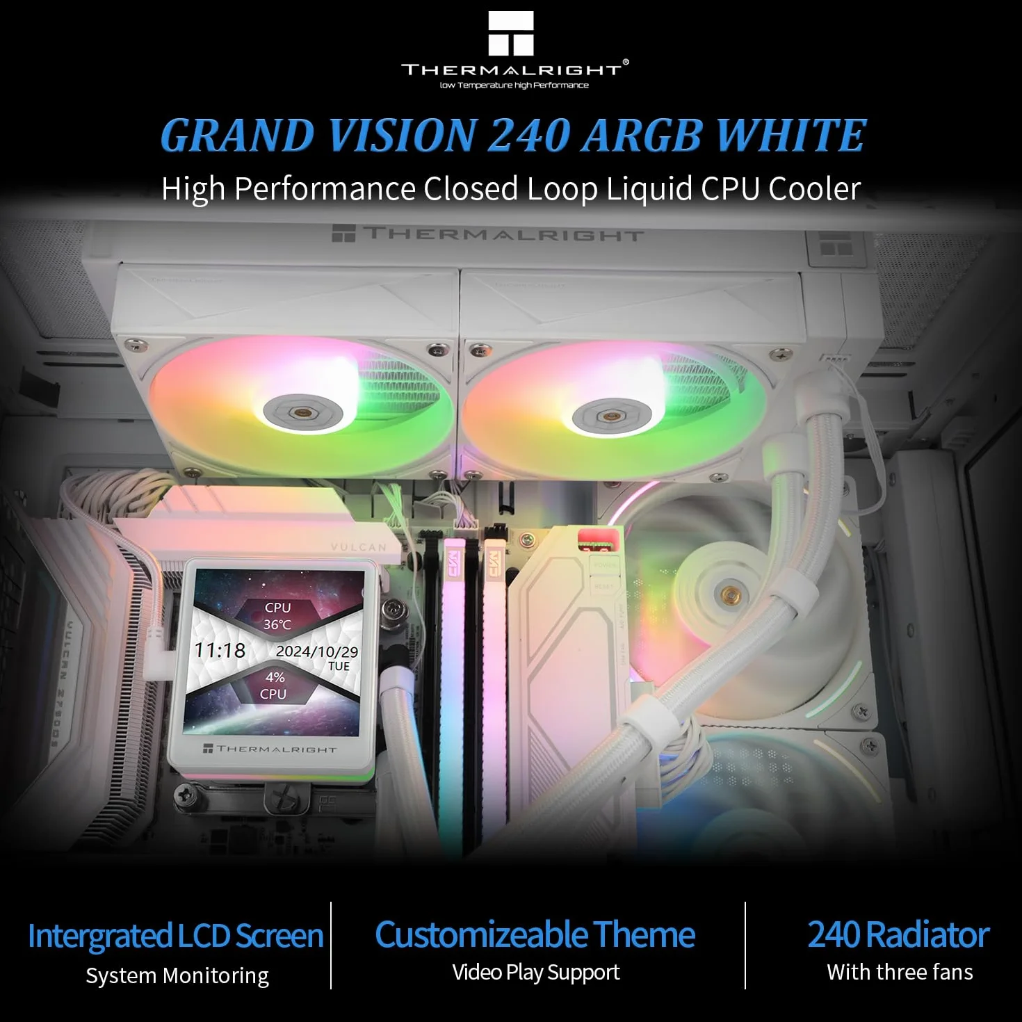 Thermalright Grand Vision 240 ARGB AIO Chłodnica procesora PC 240 specyfikacje IPS LCD 480 x 480 i 3,4 cala do AM5, Intel LGA1700/1851, wysoka wydajność