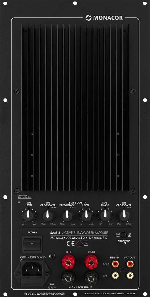Monacor SAM-2 aktywny moduł subwoofera, moc znamionowa 200 W, czarny