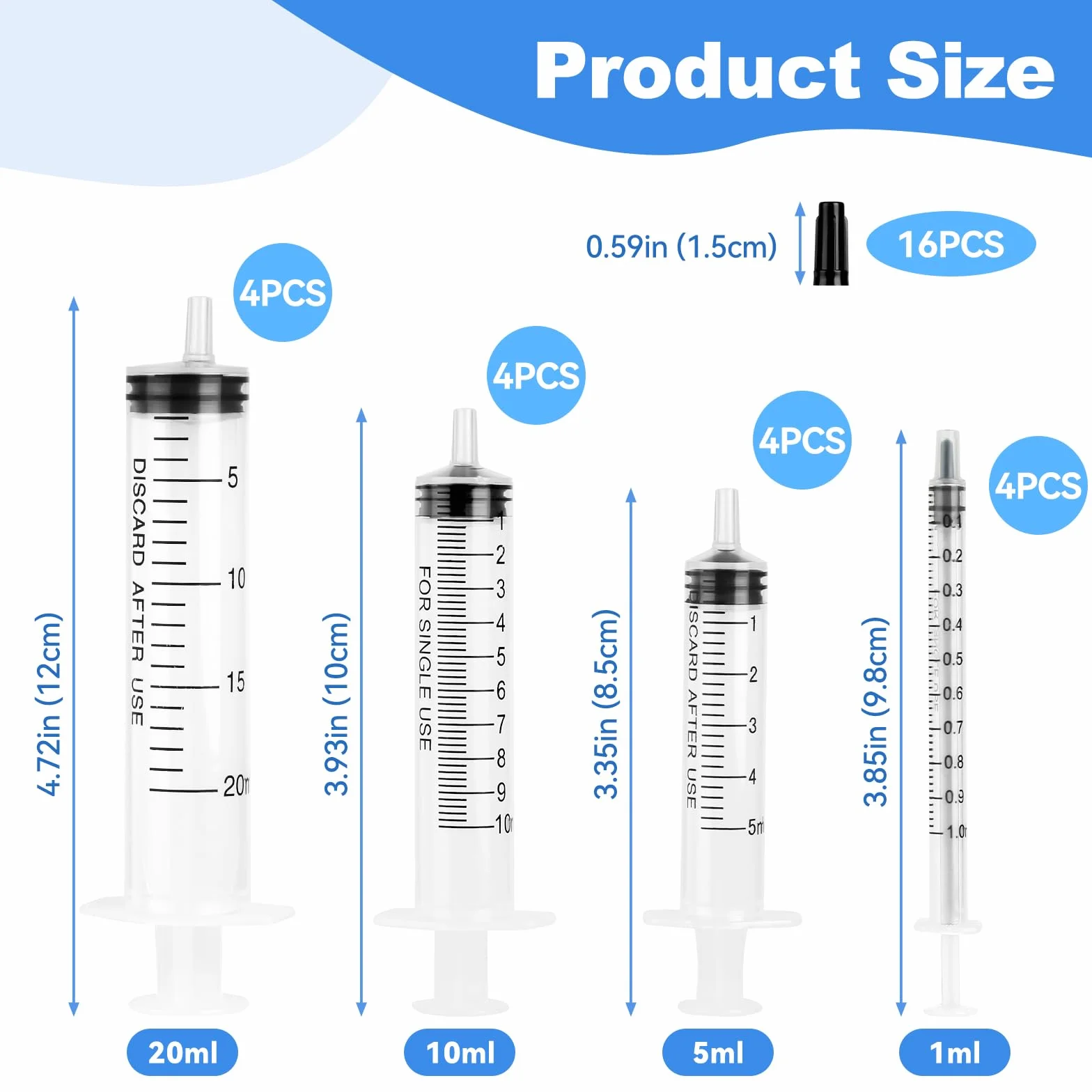 Strzykawki, 16 sztuk strzykawek z tworzywa sztucznego z czarną wtyczką, strzykawki 20 ml/10 ml/5 ml/1 ml, jednorazowe strzykawki do laboratorium, do karmienia zwierząt, oddzielania płynów,