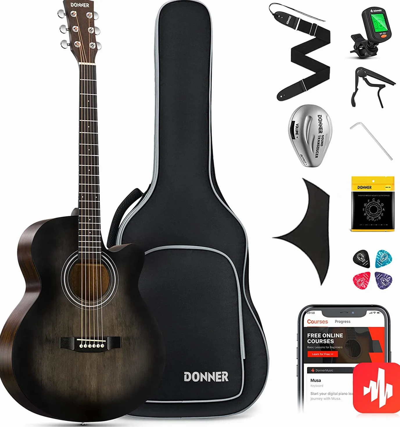 Donner Gitara akustyczna 4/4 dla początkujących, zestaw startowy, 102 cm, wycięcie z torbą na pickup, tuner, pasek kapodowy, mini jumbo, dla dorosłych, podróży, nastolatków, praworęcznych, czarna