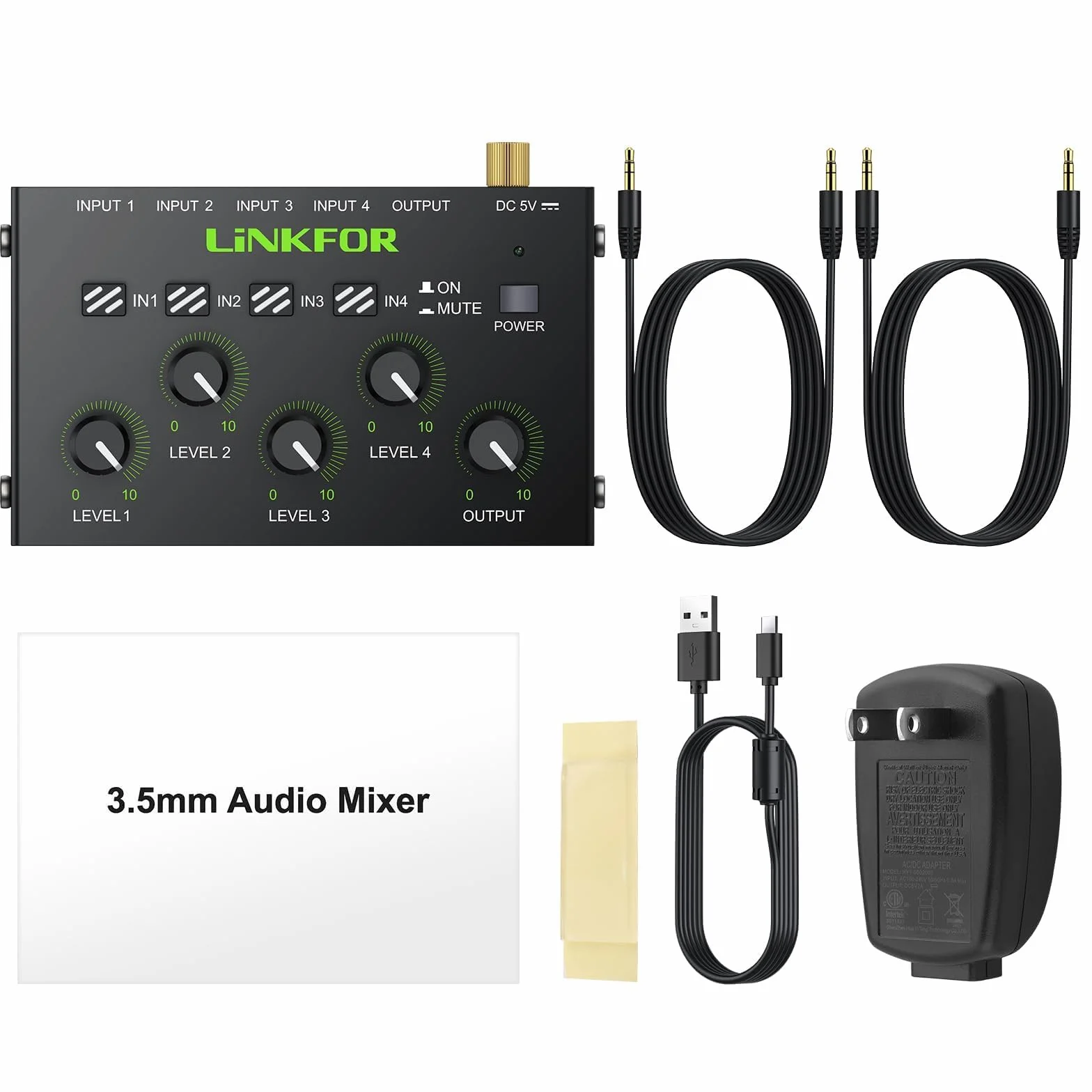 LiNKFOR 4-kanałowy mikser aktywny, 3,5 mm, mikser audio 4 w 1-out, mikser stereo z certyfikatem Master Volume zasilacz sieciowy, cicha, niezależna regulacja głośności do wzmacniaczy PC