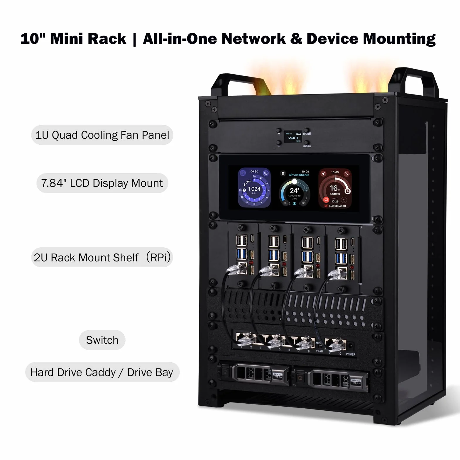 GeeekPi 10-calowy 1U Rackmount Fan Taca z wyświetlaczem OLED, 4 sztuk 80mm aktywne wentylatory do 10-calowego mini serwera rack, kompatybilny z DeskPi RackMate T0 / T1 / T2 / T0 Plus / T1 Plus / TL1