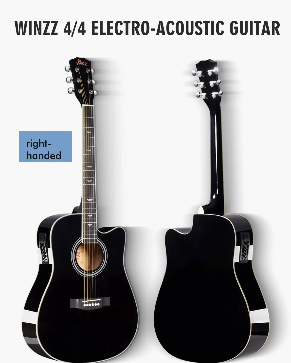 Winzz Elektryczna gitara akustyczna Western 4/4, dla początkujących, dorosłych i dzieci (praworęczna, czarna, błyszcząca)